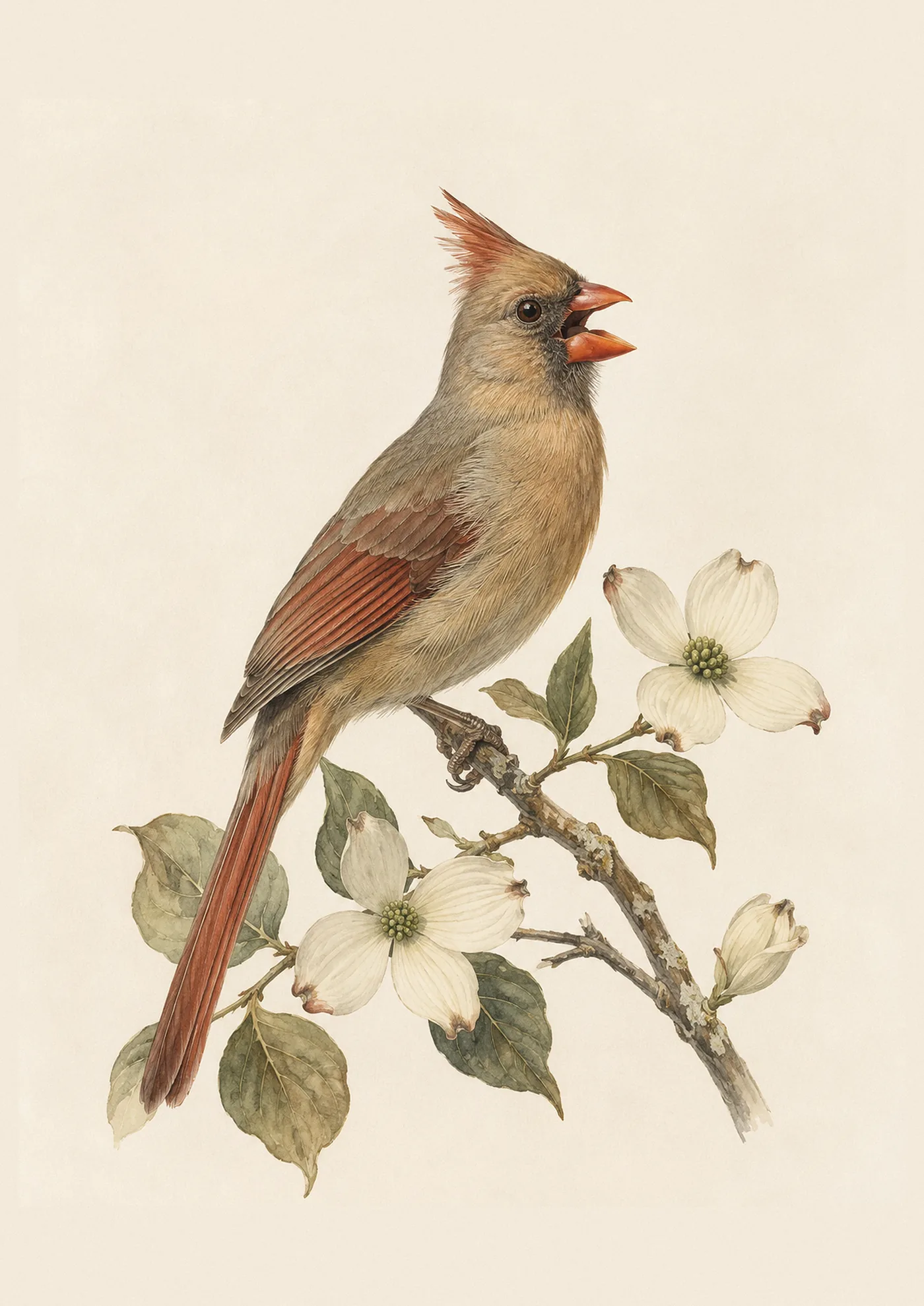 Audubon-style fine-art print of a female Northern Cardinal perched on a branch