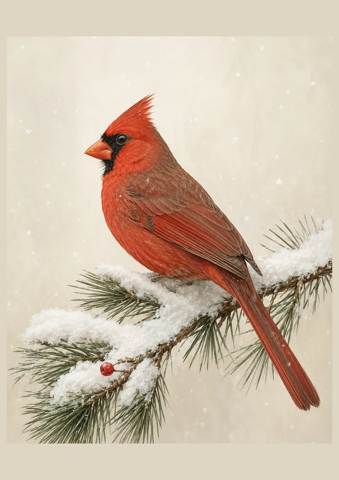 Audubon-style fine-art print of a male Northern Cardinal perched in snow