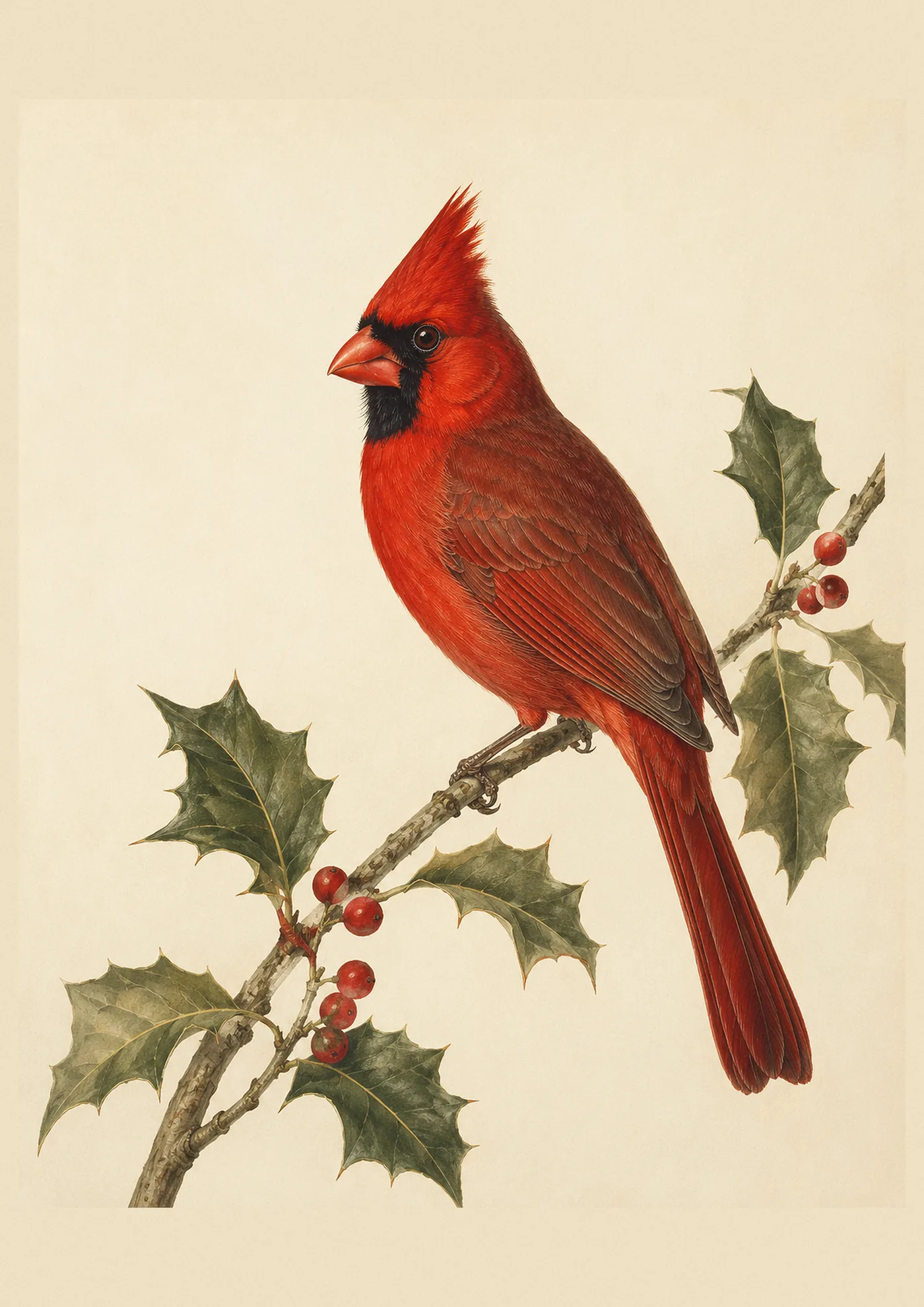 Fine-art print of a male Northern Cardinal perched on a branch, Audubon-style
