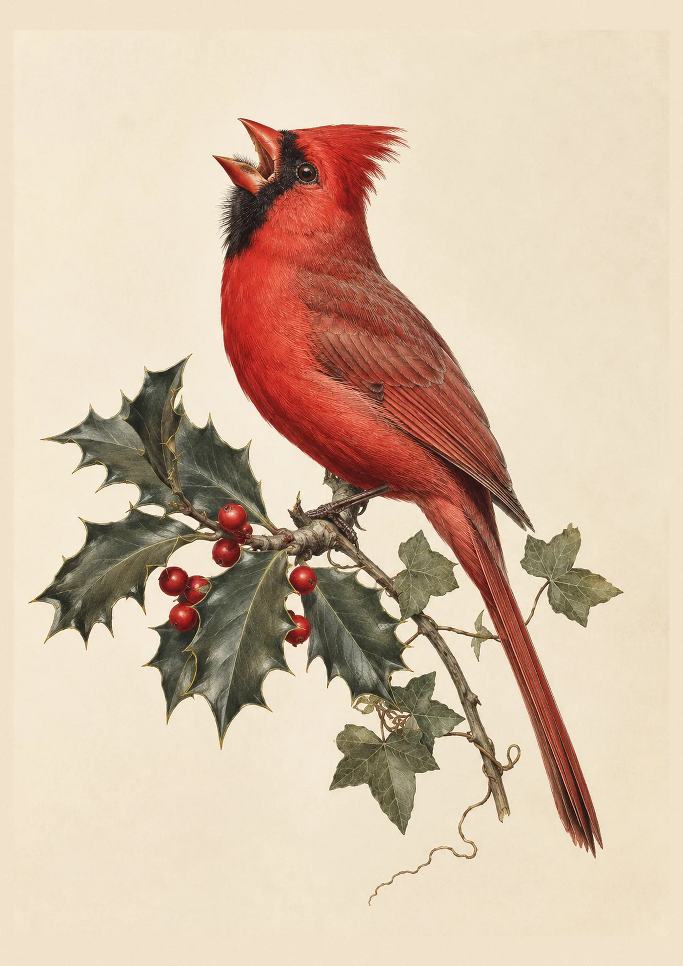 Audubon-style fine-art print of a male Northern Cardinal singing on a sprig of Christmas holly