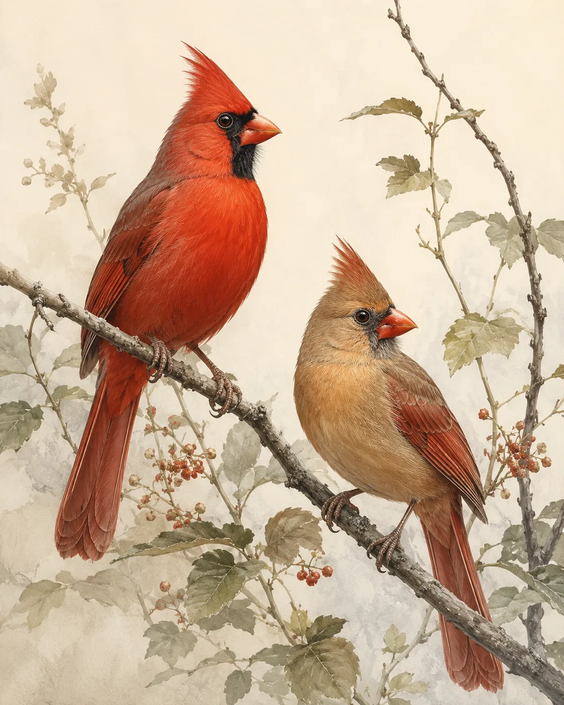 Fine-art plate of a male and female Northern Cardinal on a berried branch, in the Audubon style