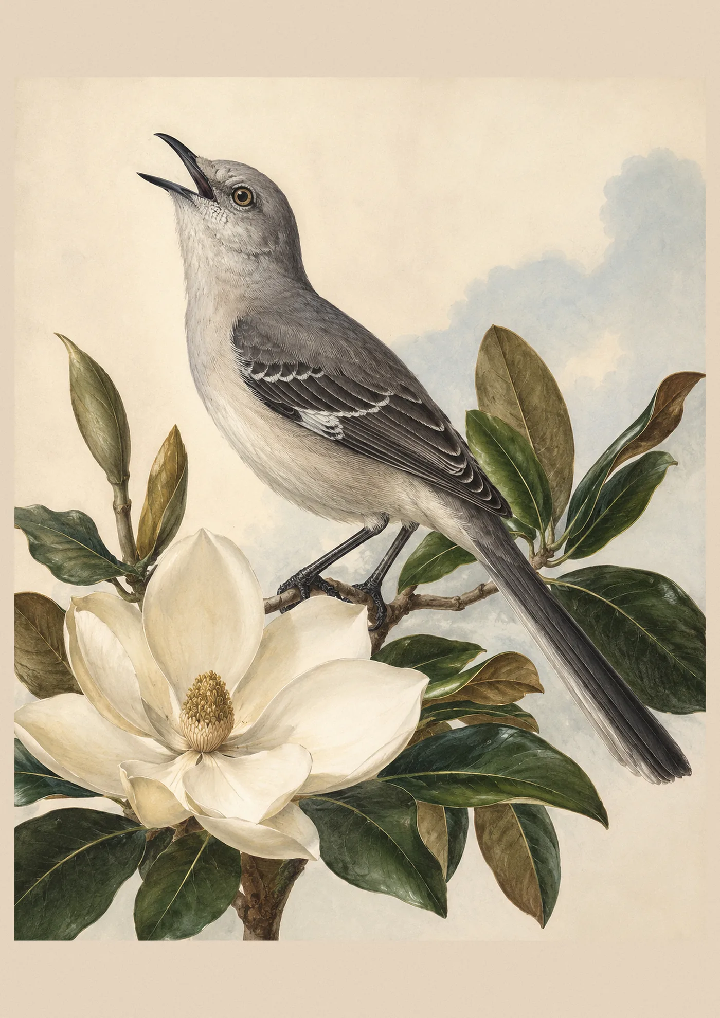 Audubon-style fine-art print of a Northern Mockingbird singing on a slender branch