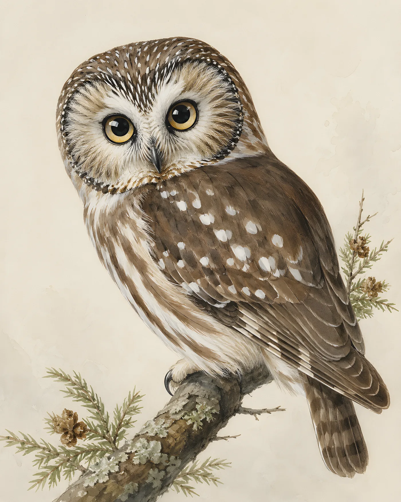 Fine-art Northern Saw Whet Owl print in the Audubon style