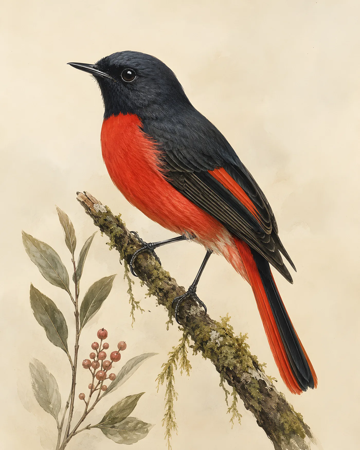 Fine-art Painted Redstart print in the Audubon style
