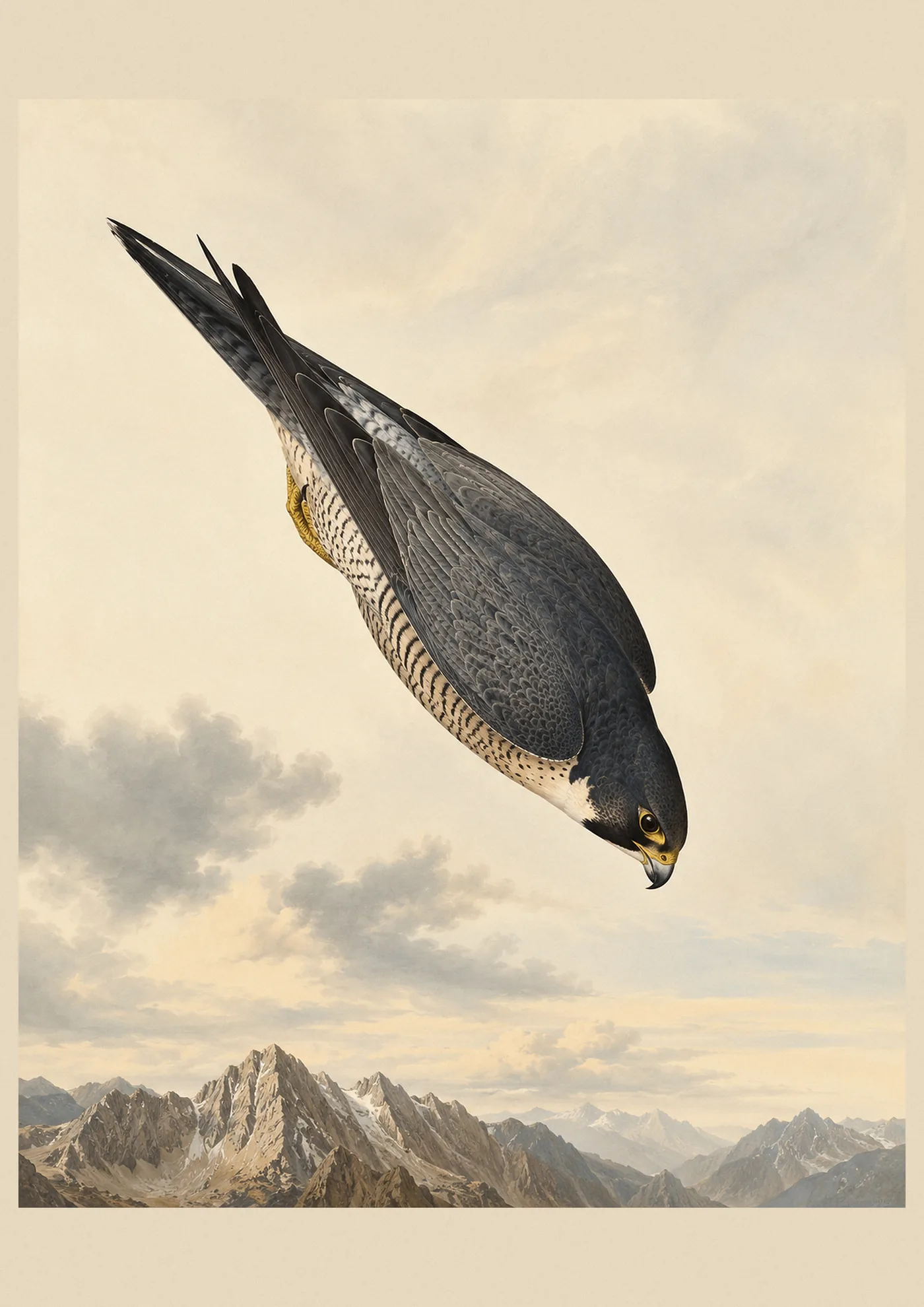 Audubon-style fine-art print of a Peregrine Falcon in a stooping dive