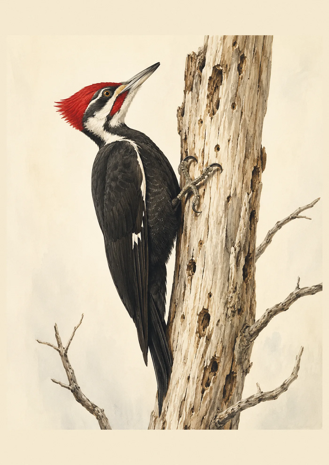Audubon-style fine-art print of a Pileated Woodpecker on a dead snag
