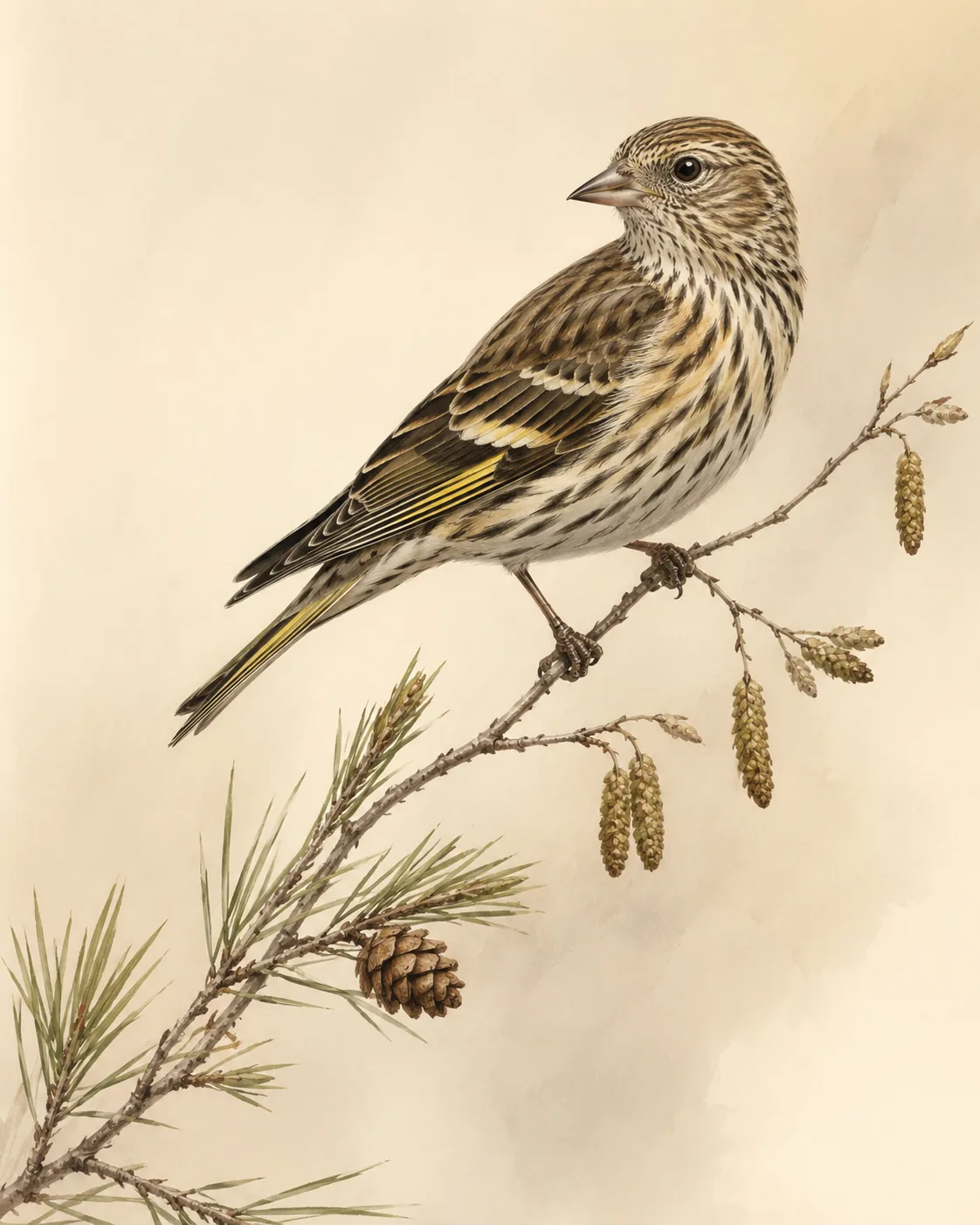 Fine-art plate of a Pine Siskin on a pine branch with cones, streaked brown with a yellow wing flash, in the Audubon style