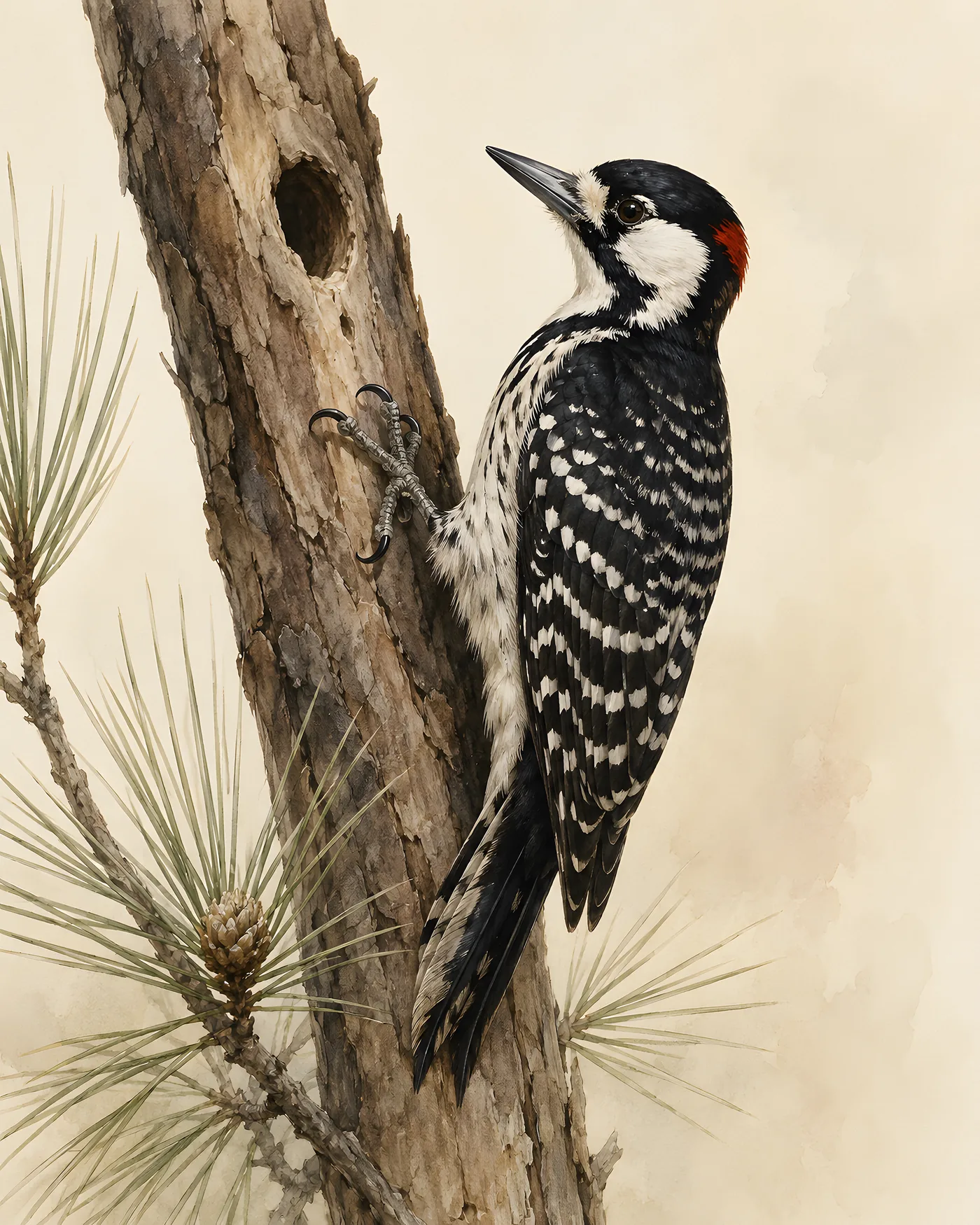 Fine-art Red Cockaded Woodpecker print in the Audubon style