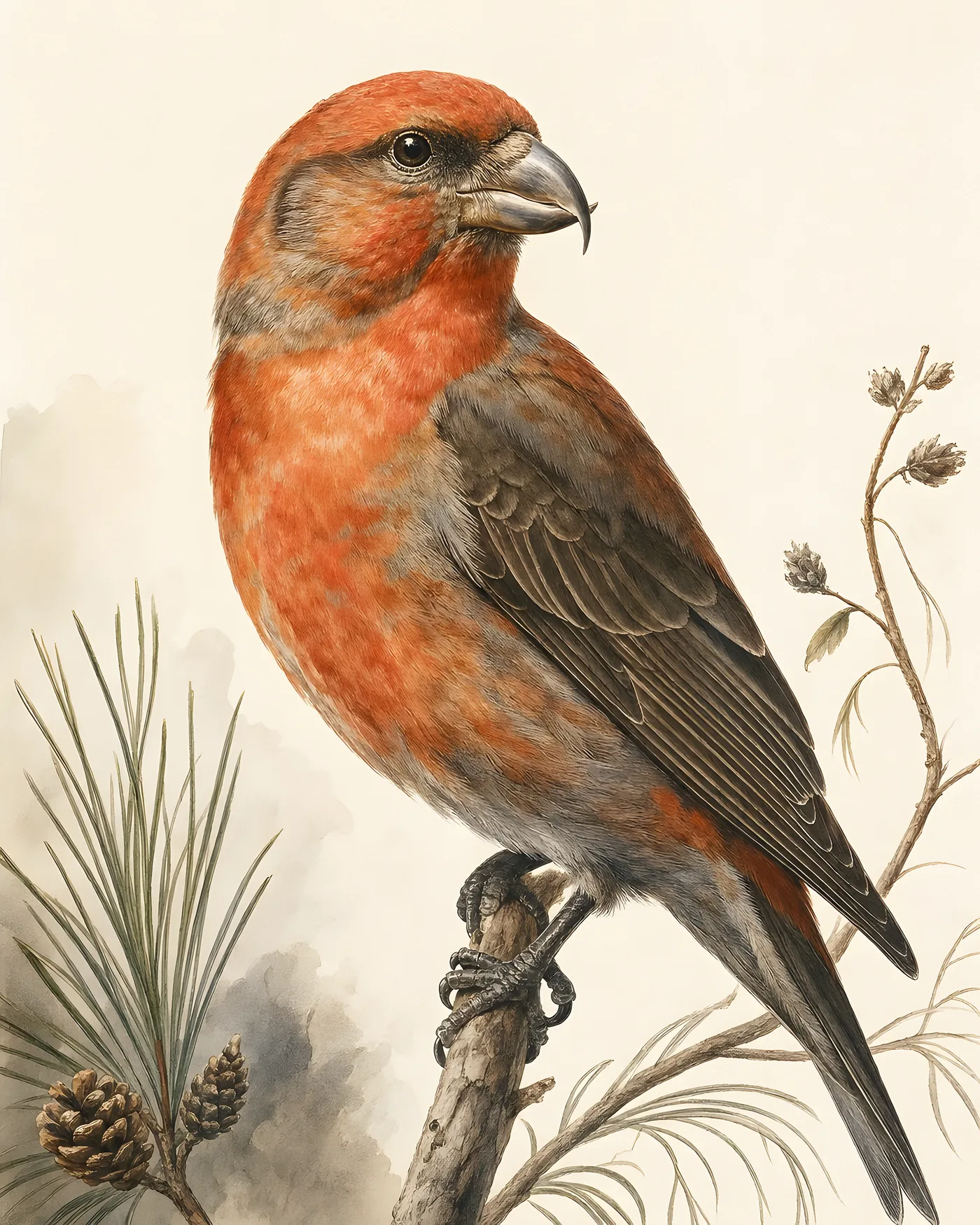 Fine-art Red Crossbill print in the Audubon style