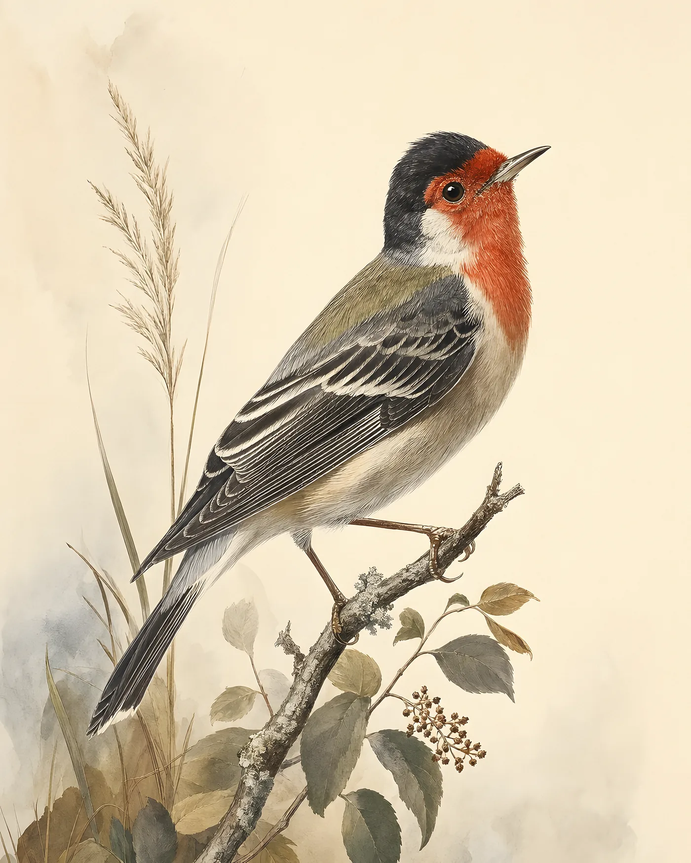 Fine-art Red Faced Warbler print in the Audubon style