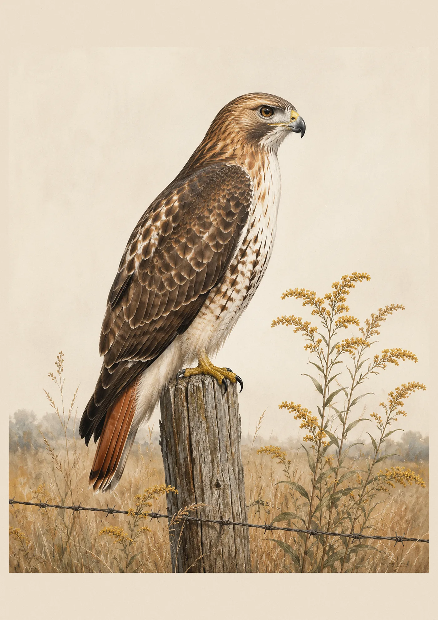 Fine-art print of a perched Red-tailed Hawk in the Audubon style