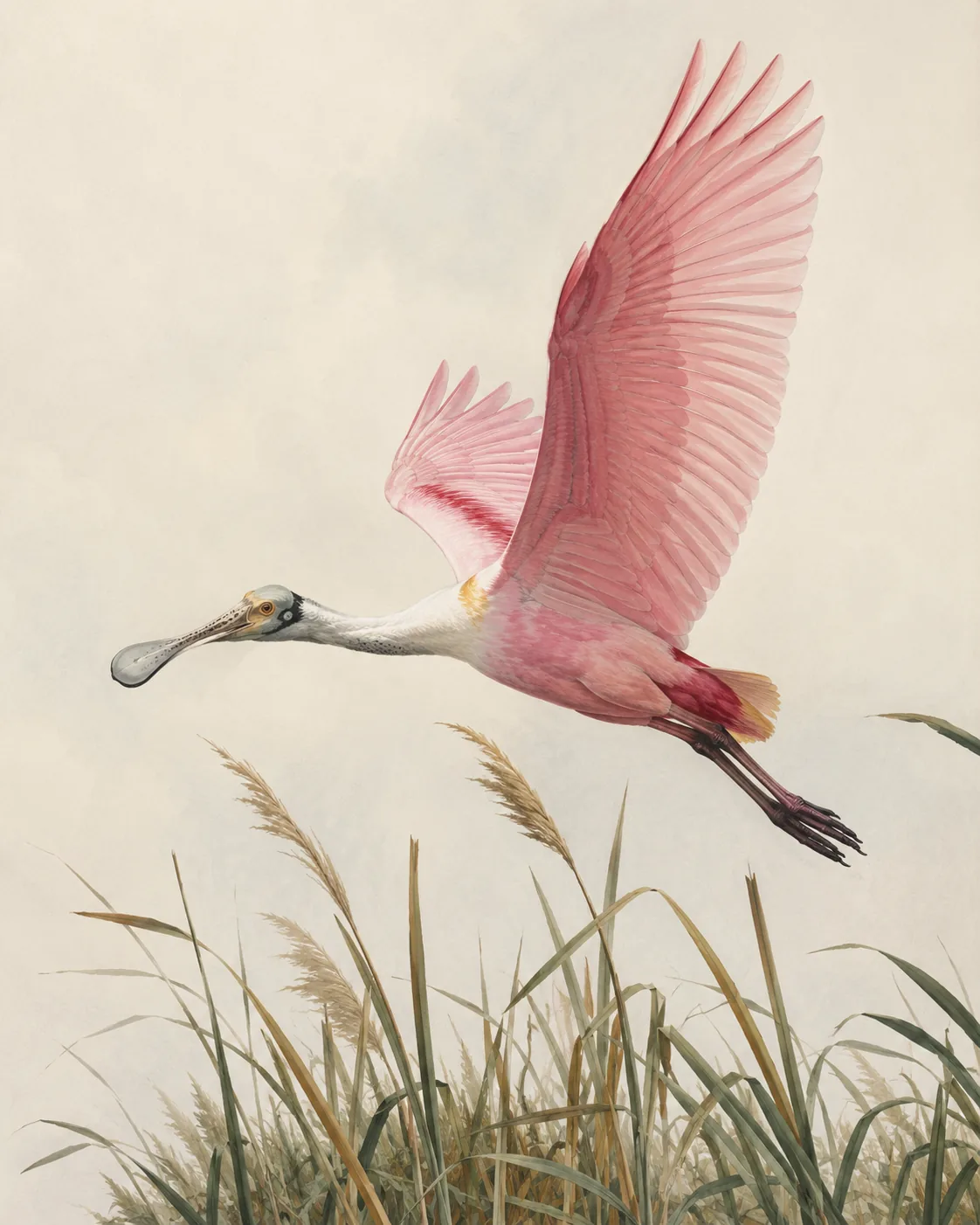 Audubon-style fine-art print of a Roseate Spoonbill in flight, wings spread