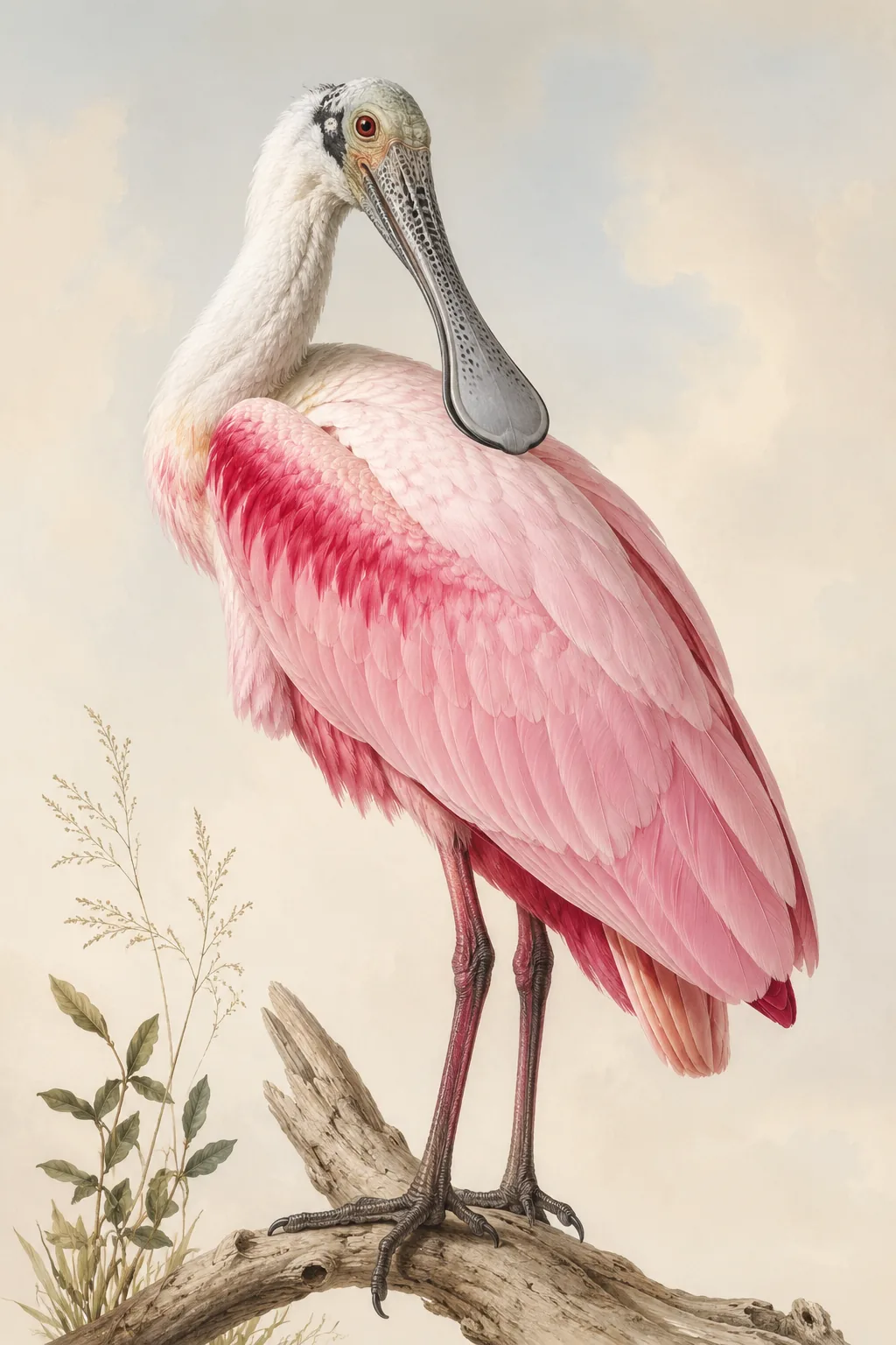 Fine-art plate of a Roseate Spoonbill, deep pink wings and spatulate bill, on a branch, in the Audubon style