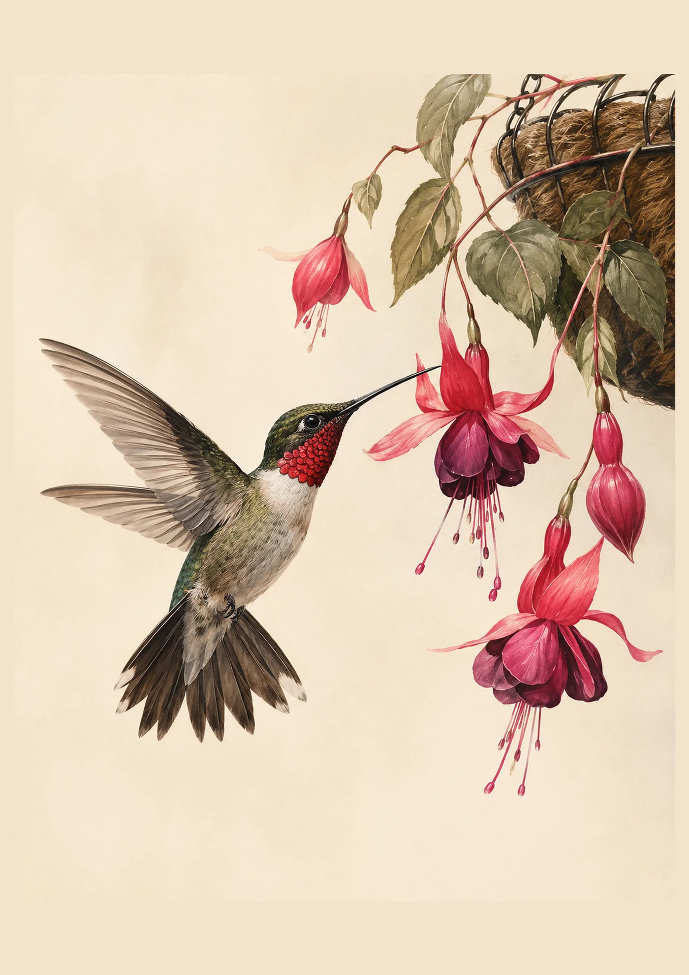 Audubon-style fine-art print of a Ruby-throated Hummingbird at a fuchsia bloom