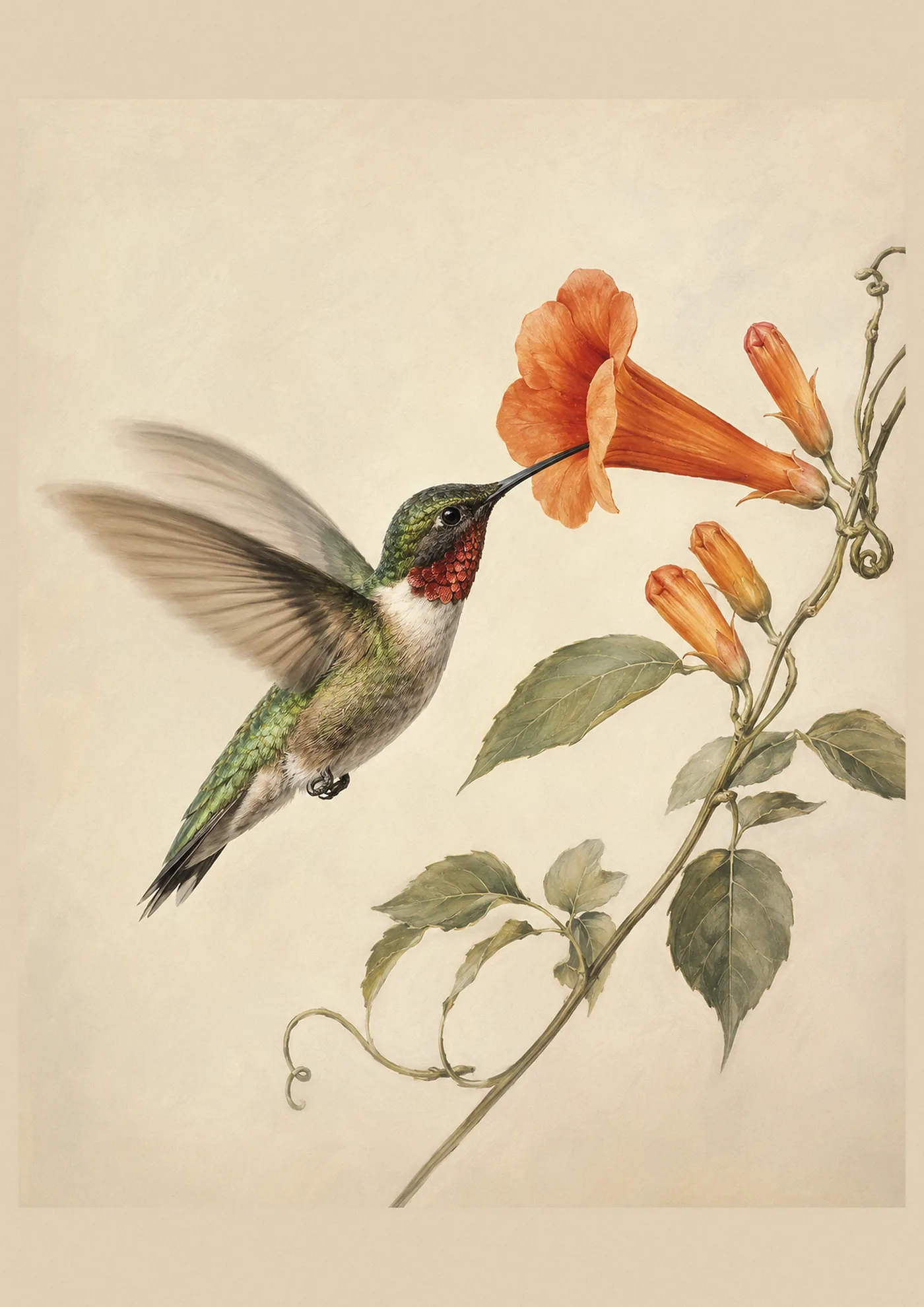 Audubon-style fine-art print of a Ruby-throated Hummingbird at trumpet vine