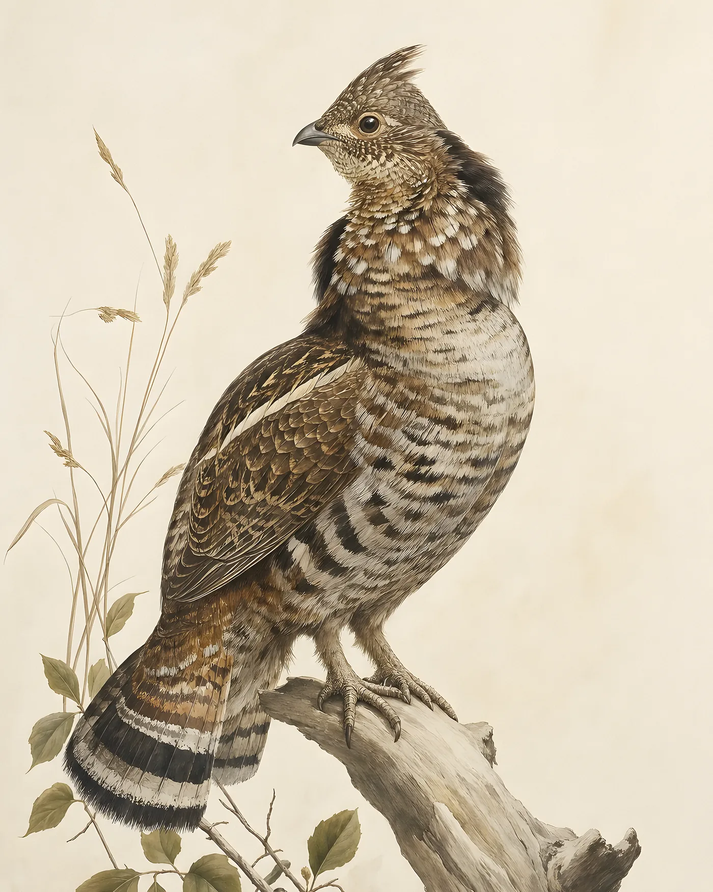 Fine-art Ruffed Grouse print in the Audubon style