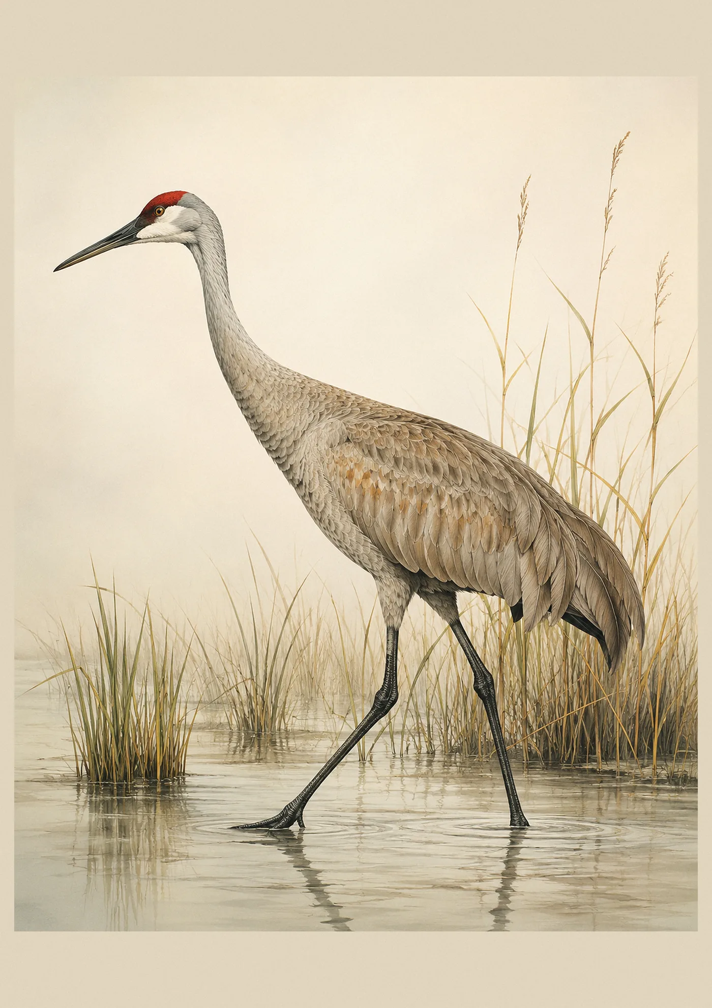 Fine-art plate of a Sandhill Crane in the Audubon style