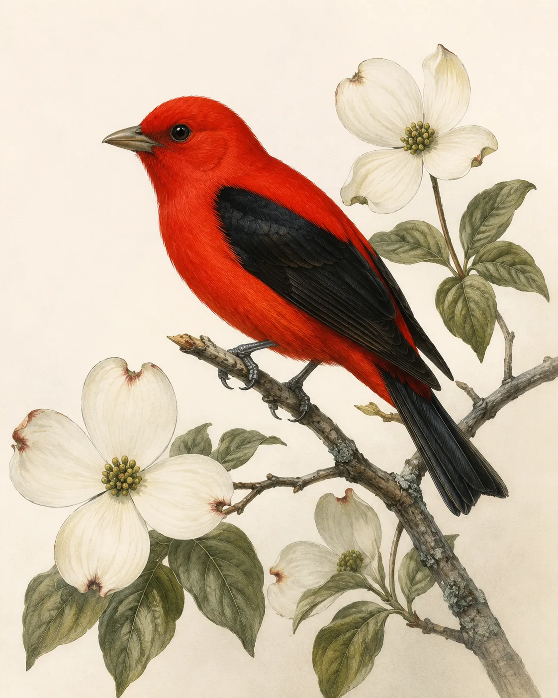 Audubon-style fine-art print of a Scarlet Tanager perched on flowering dogwood