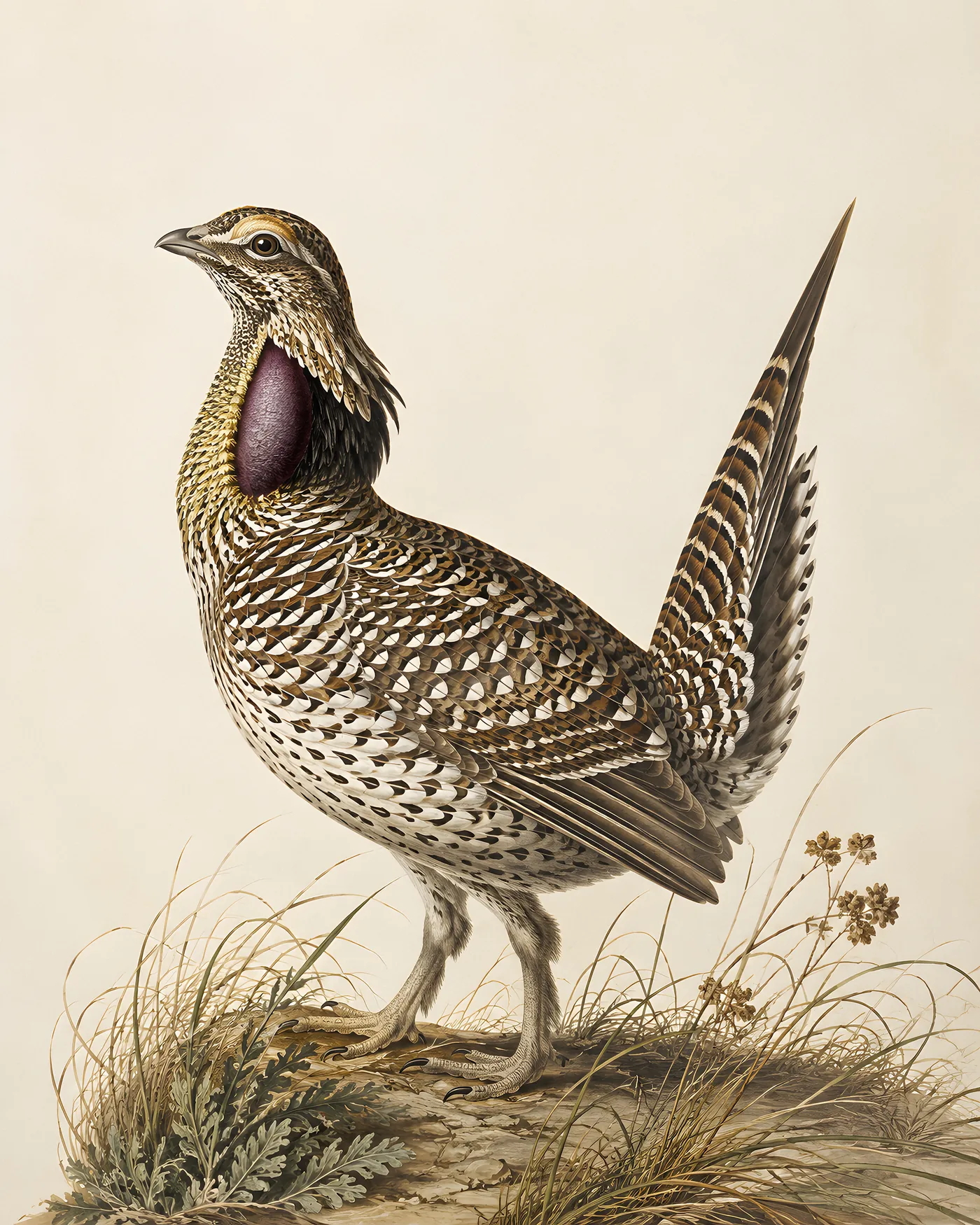 Fine-art Sharp Tailed Grouse print in the Audubon style