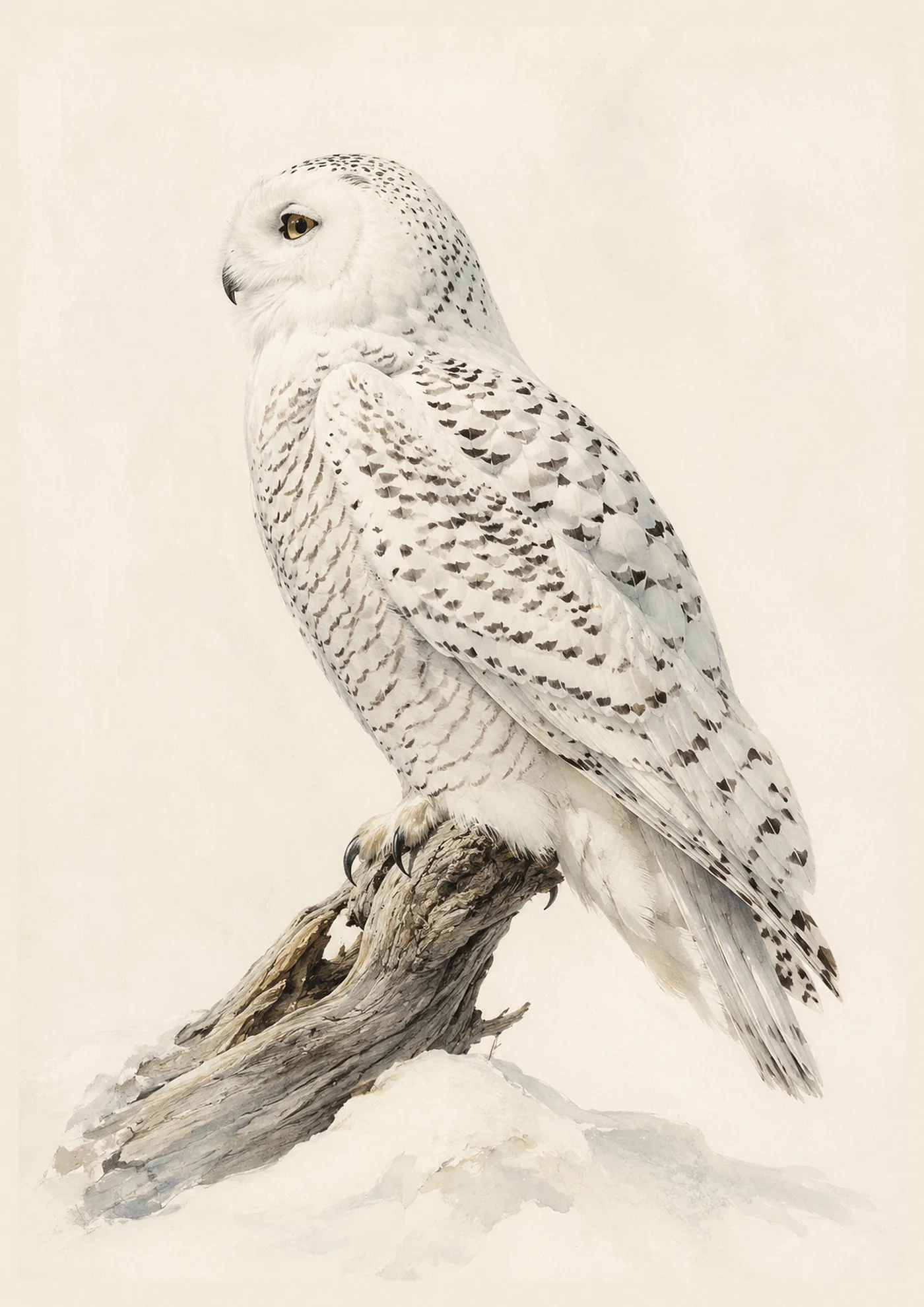 Audubon-style fine-art print of a Snowy Owl perched on weathered driftwood