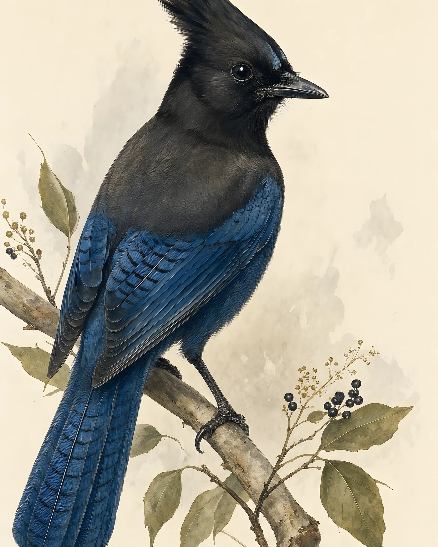 Fine-art Steller's Jay print in the Audubon style