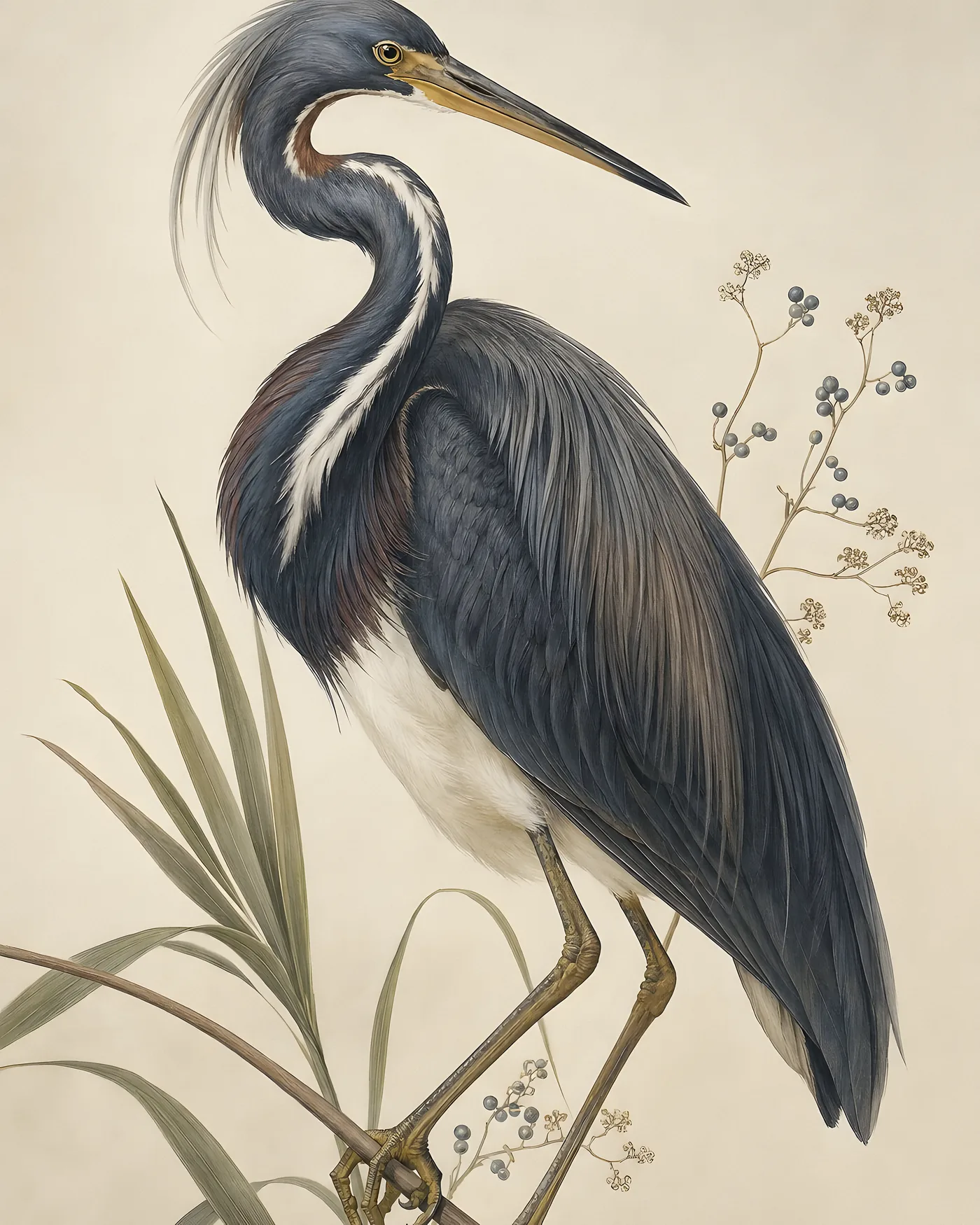 Fine-art Tricolored Heron print in the Audubon style