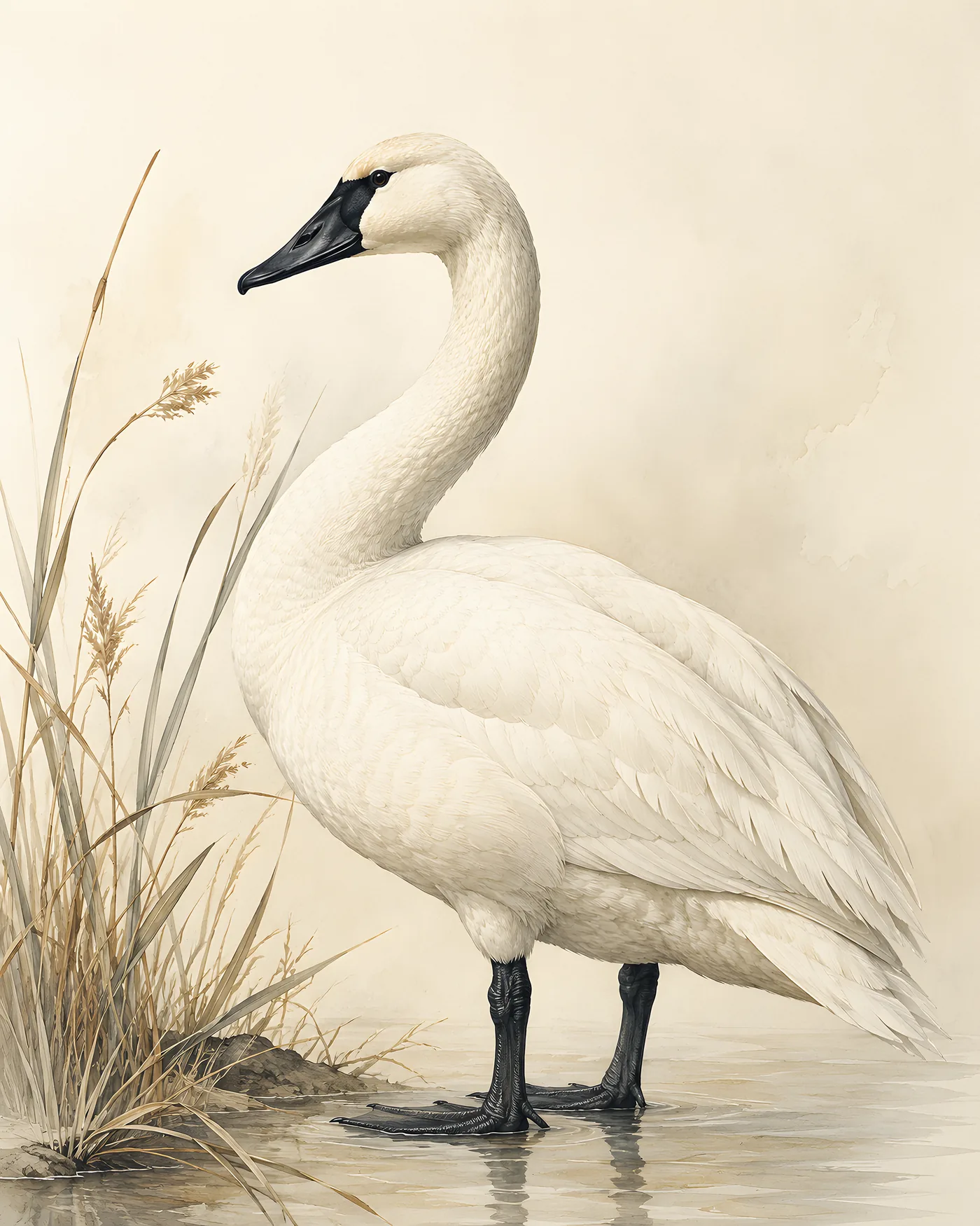 Fine-art Trumpeter Swan print in the Audubon style