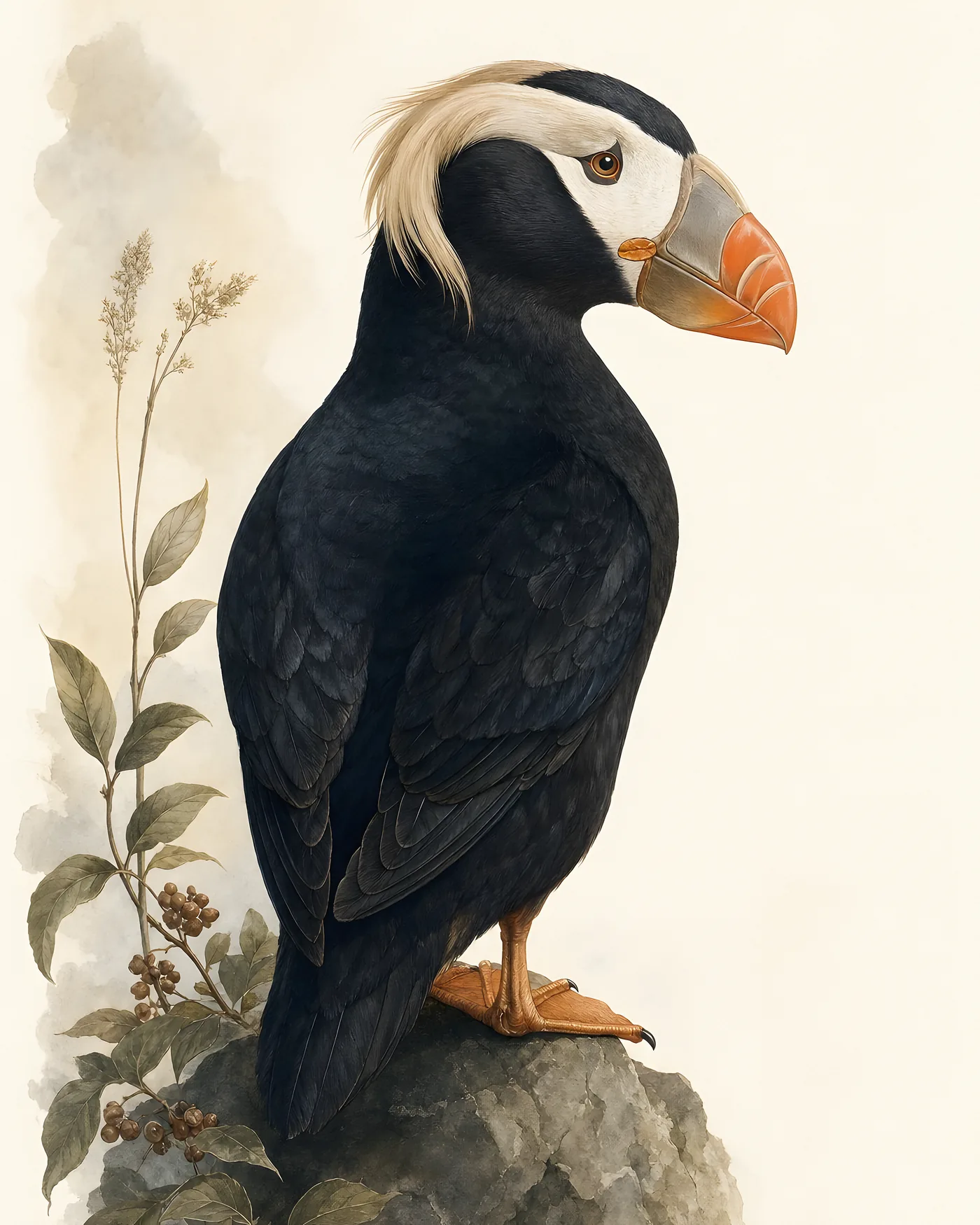 Fine-art Tufted Puffin print in the Audubon style