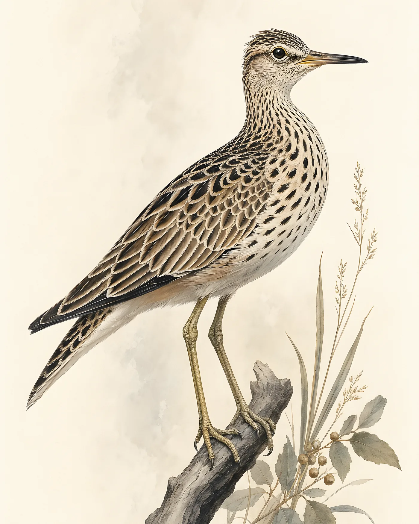 Fine-art Upland Sandpiper print in the Audubon style