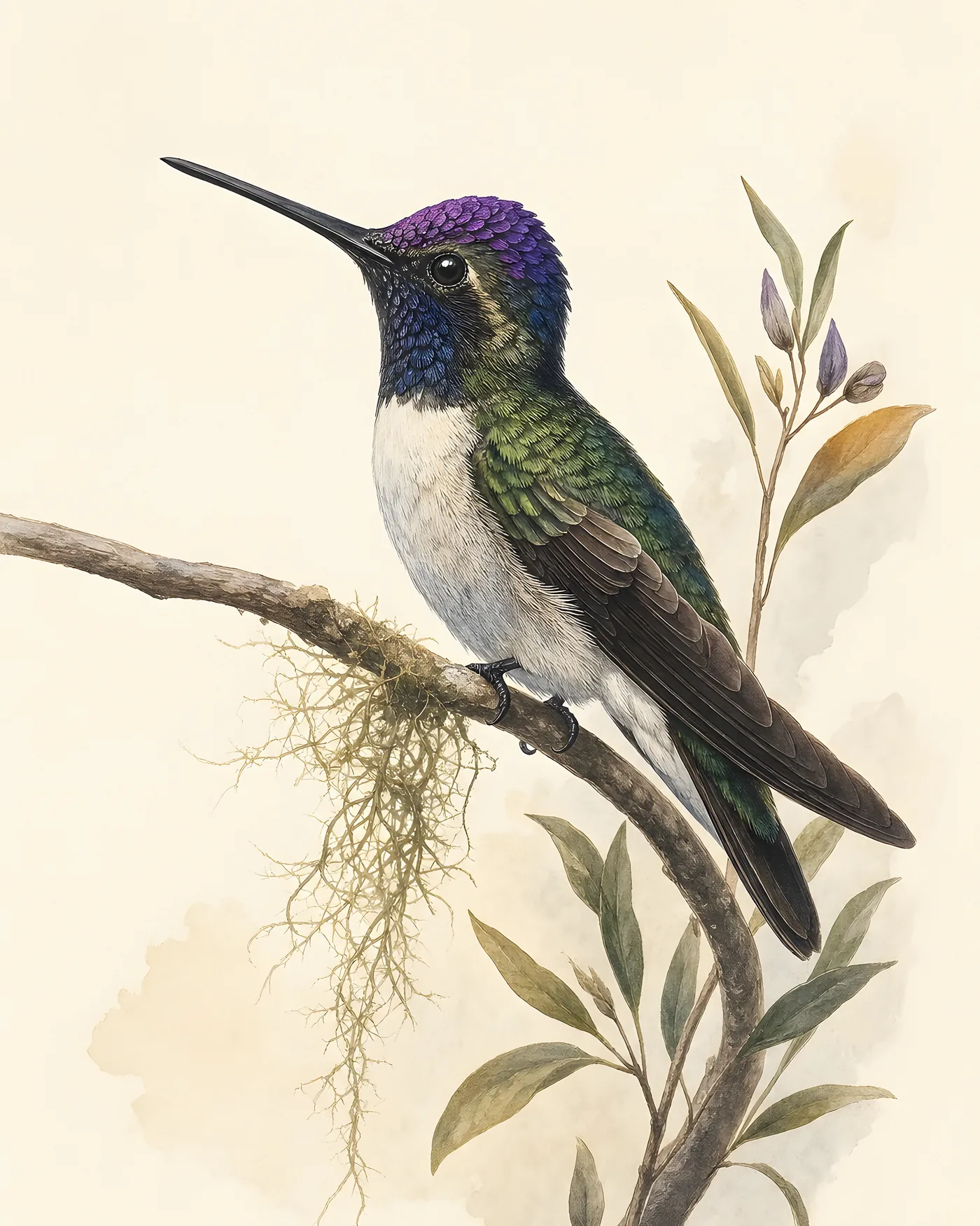 Fine-art Violet Crowned Hummingbird print in the Audubon style