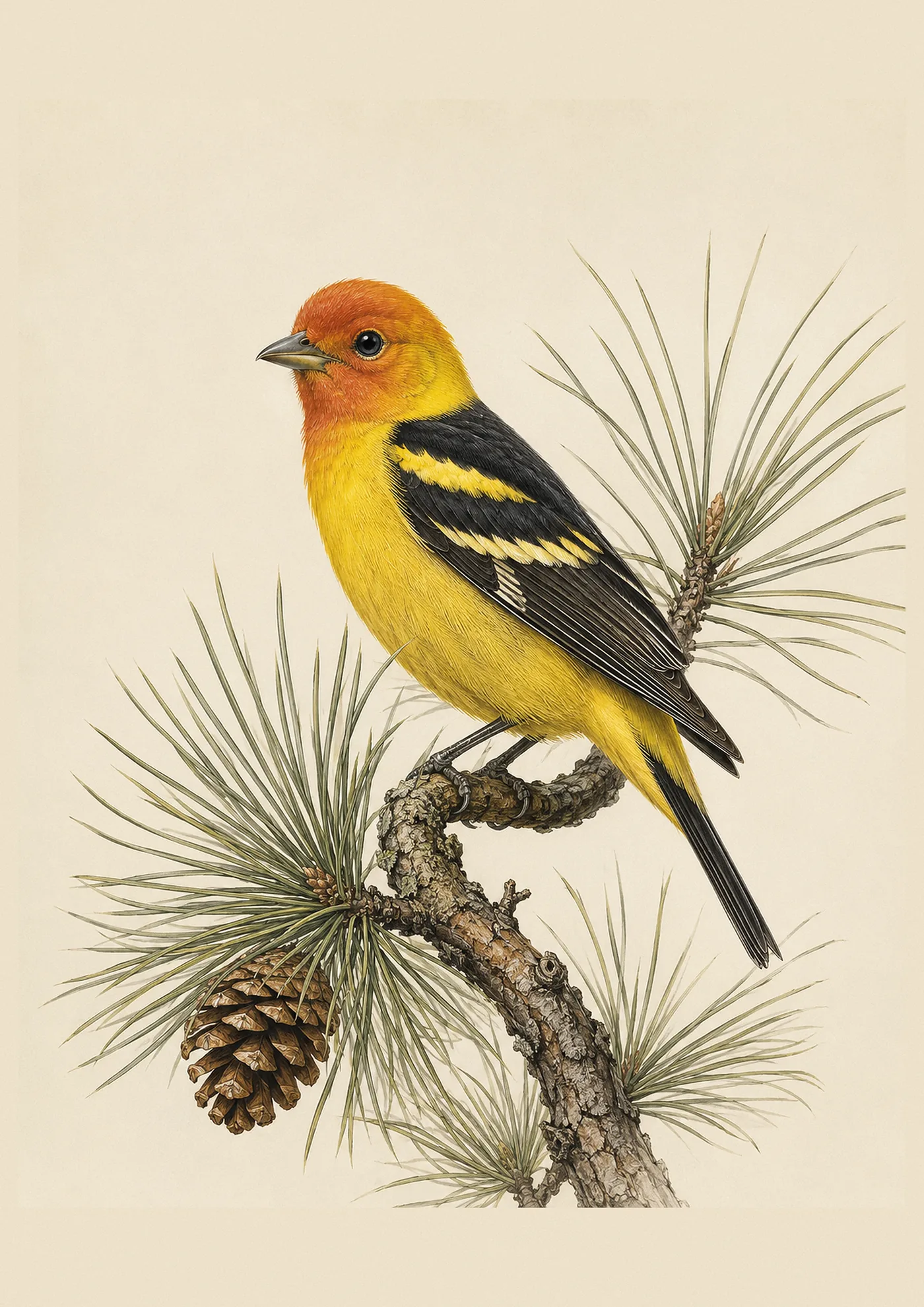 Male Western Tanager with a flame-red head and lemon body on a pine branch, in the Audubon style