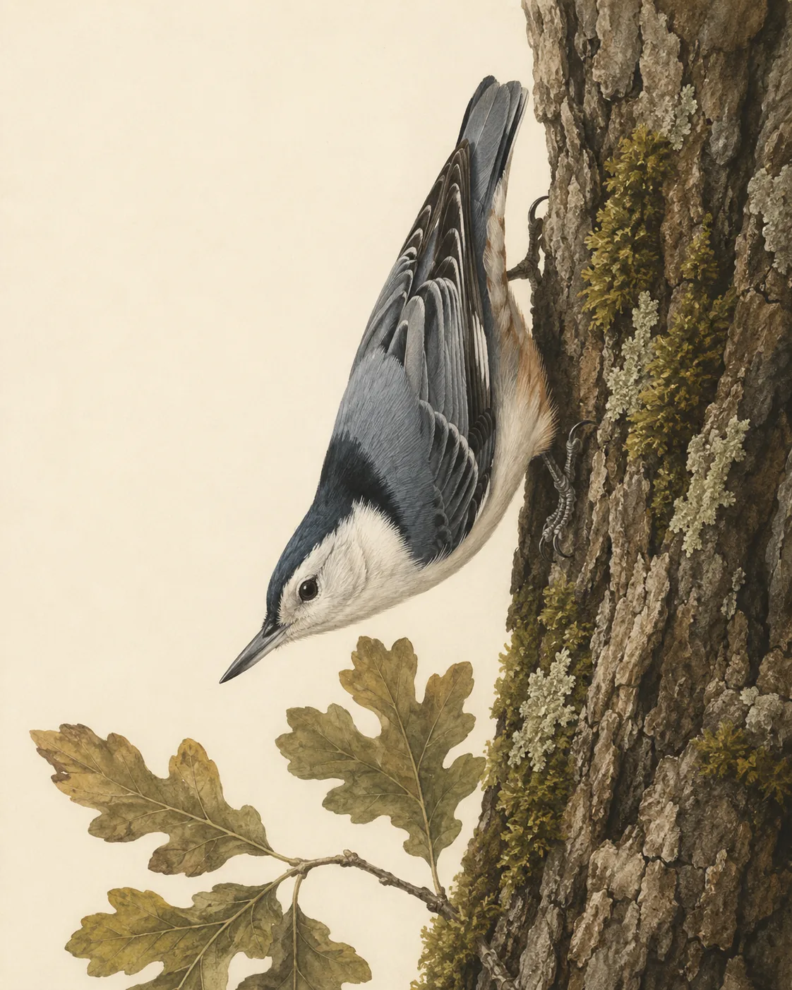Audubon-style fine-art print of a White-breasted Nuthatch headed down a tree trunk
