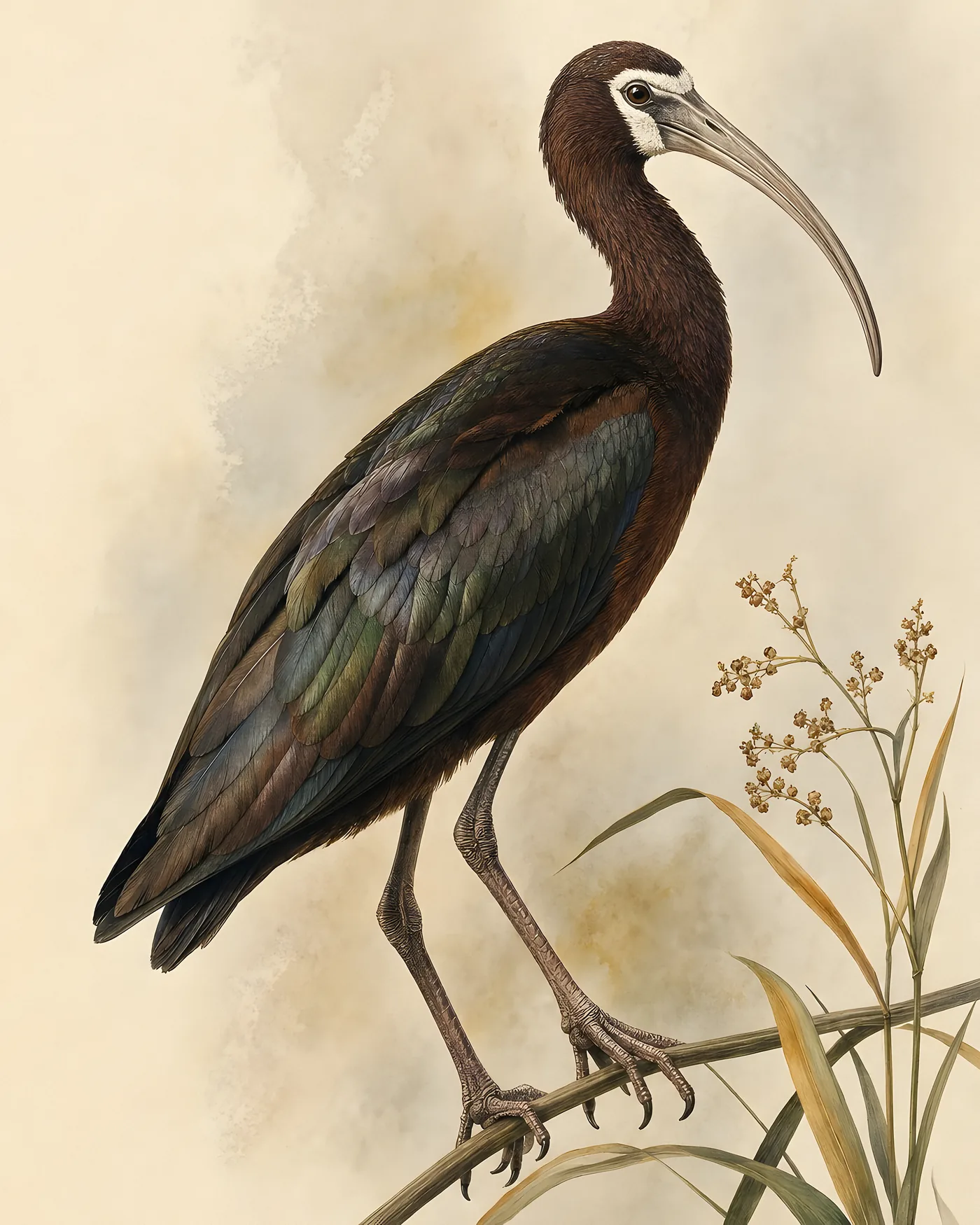 Fine-art White Faced Ibis print in the Audubon style