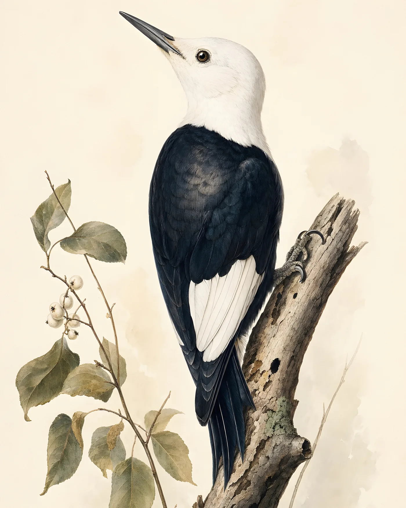 Fine-art White Headed Woodpecker print in the Audubon style