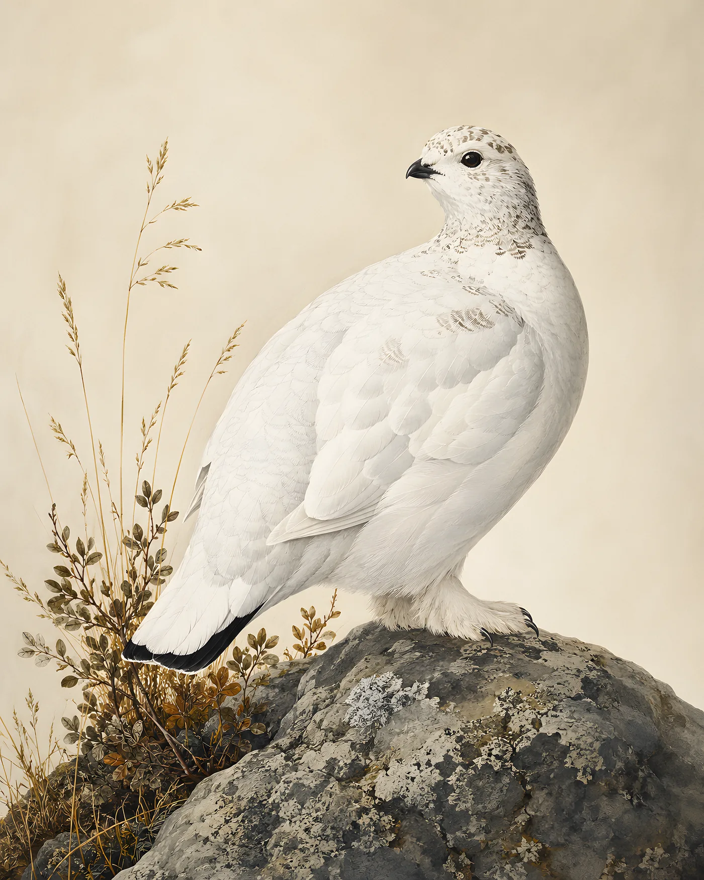 Fine-art White Tailed Ptarmigan print in the Audubon style