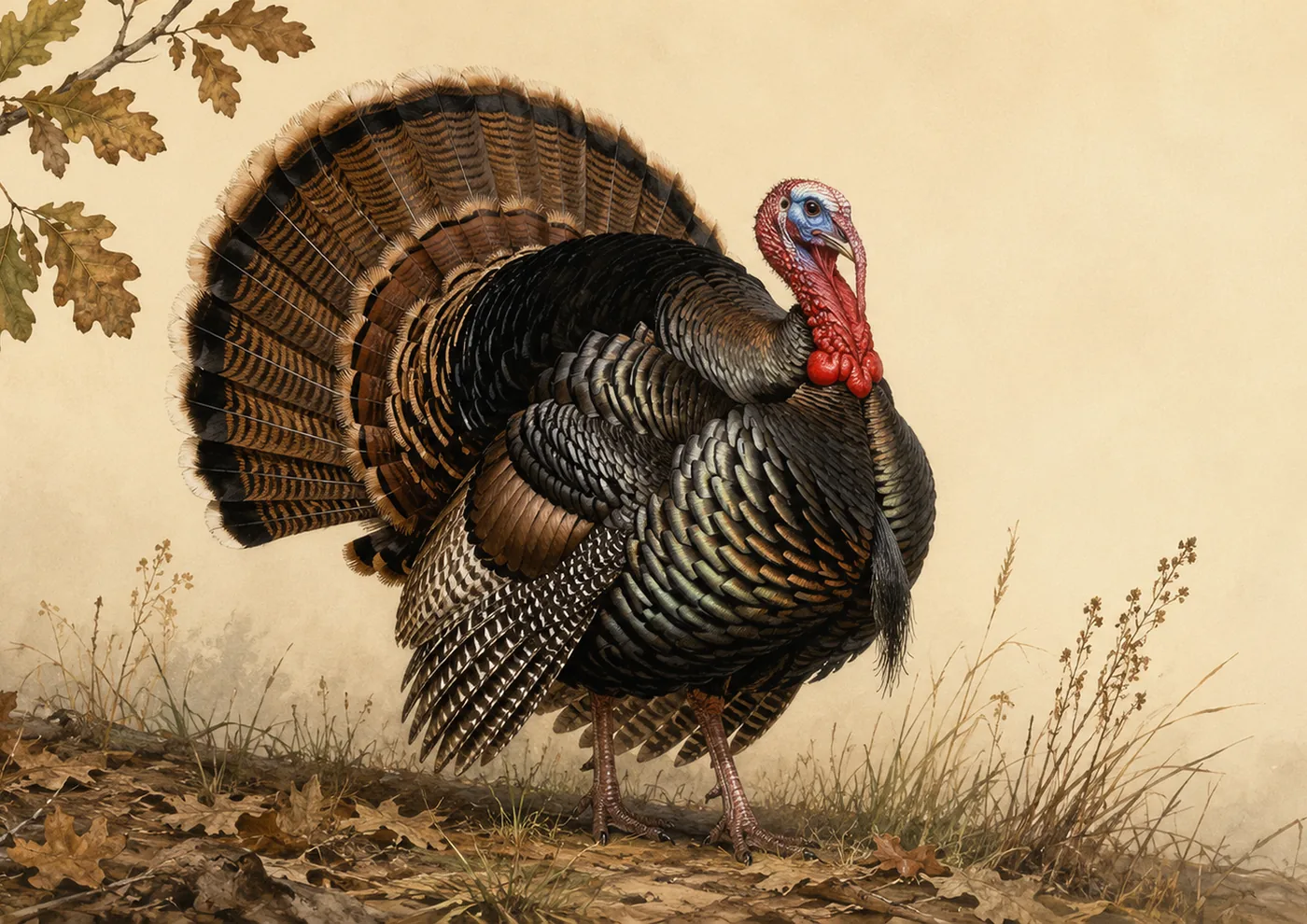 Fine-art plate of a Wild Turkey, iridescent bronze body and fanned tail, standing among fallen oak leaves in the Audubon style