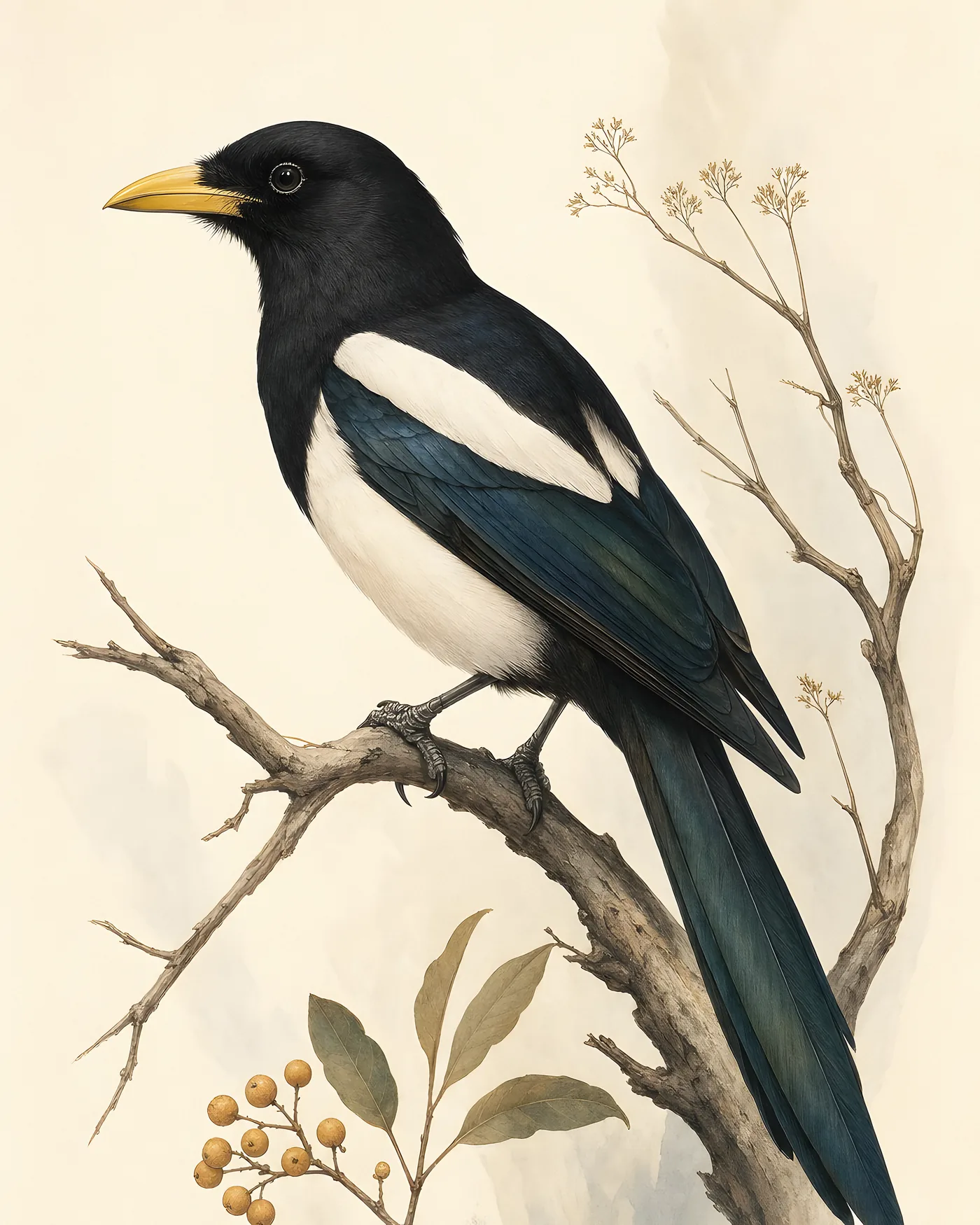 Fine-art Yellow Billed Magpie print in the Audubon style