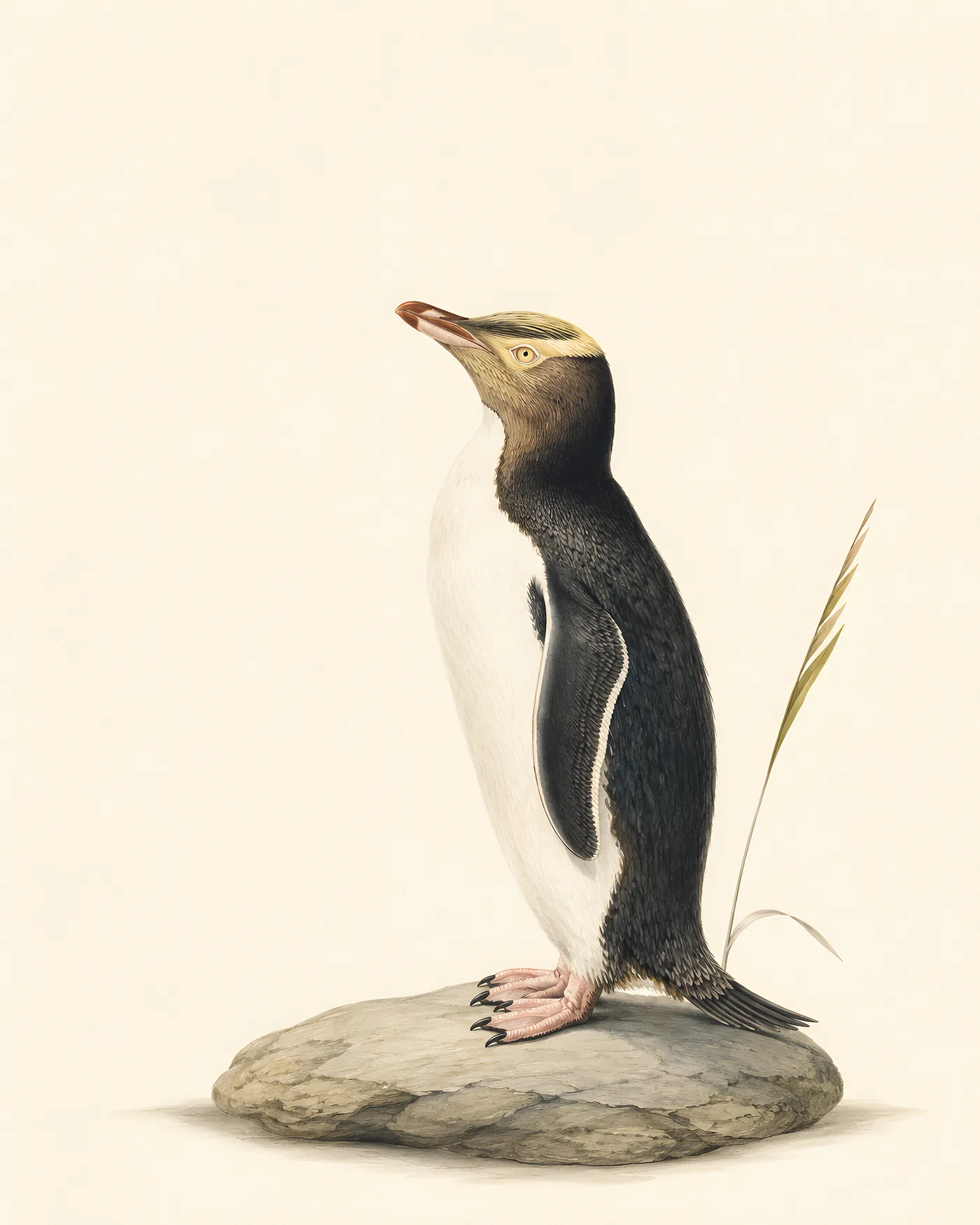 Yellow-eyed Penguin standing in coastal forest, pale yellow eyes and the yellow band running back around the head, in the tradition of Audubon