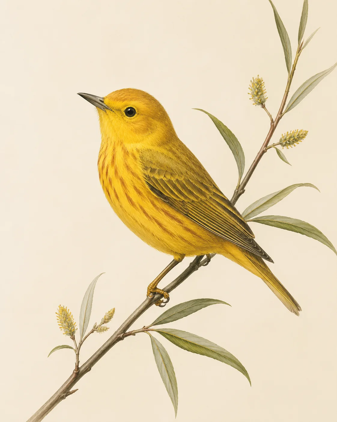Fine-art plate of a male Yellow Warbler in breeding plumage on a willow stem, in the Audubon style