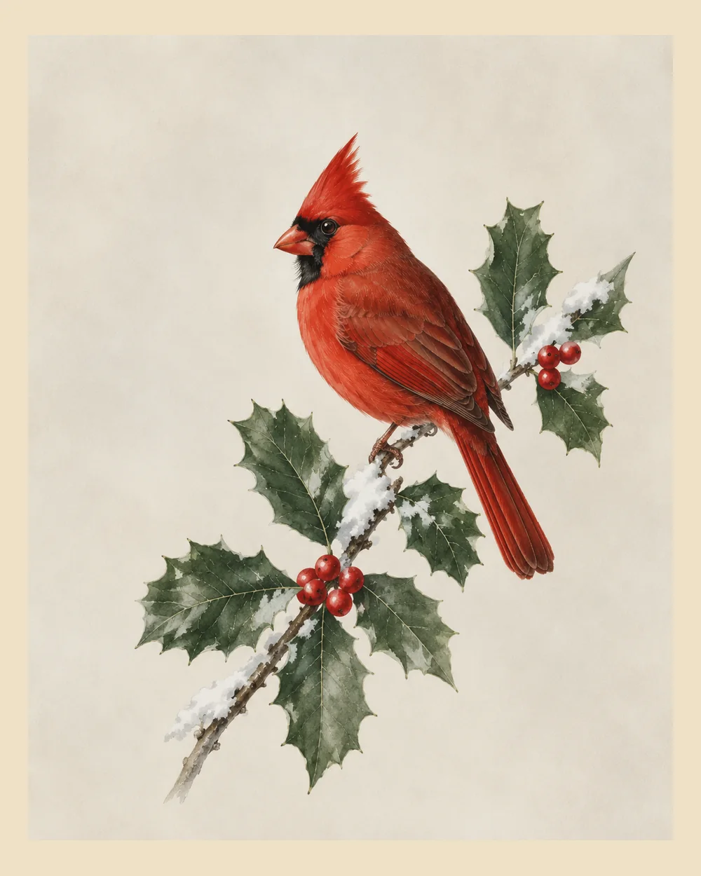 Three Northern Cardinal prints displayed together: solo male, pair, male in snow. All in the Audubon style on cream paper.