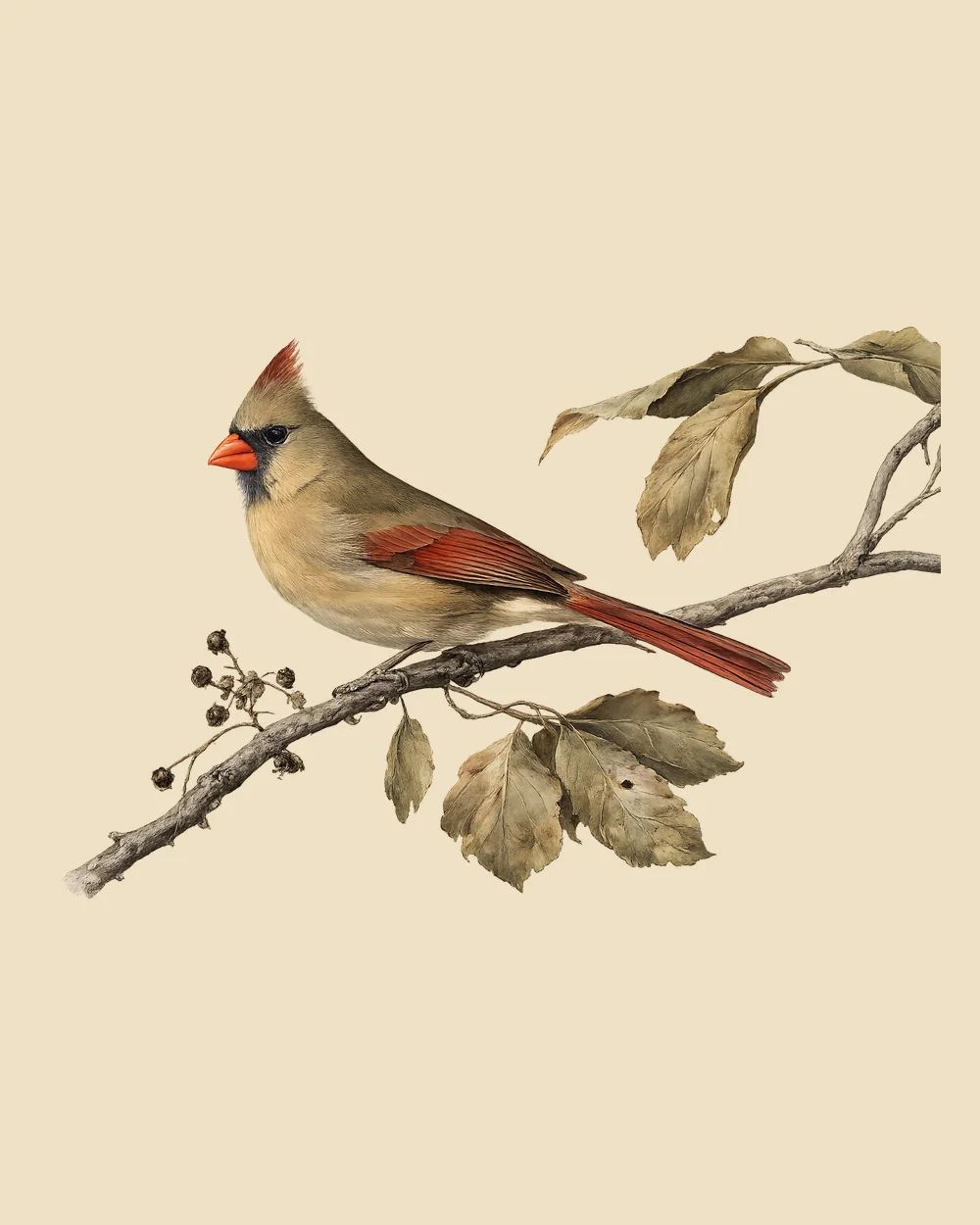 Two Cardinal prints displayed together: solo male in full crimson and male on snow-touched holly. Audubon-style palette.