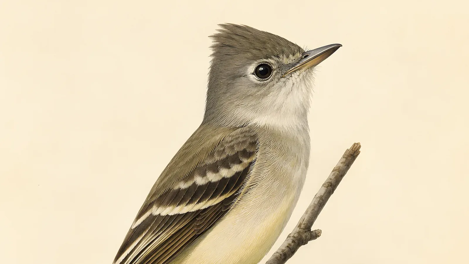 Acadian Flycatcher perched on a shaded forest branch above a creek, in the Audubon style