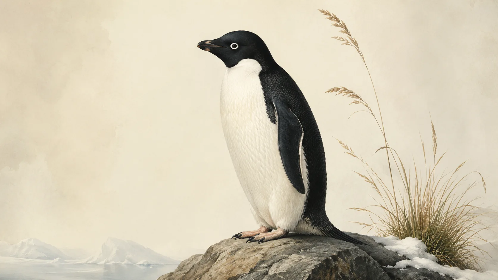 Adelie Penguin standing upright on Antarctic rock, black-and-white plumage and white eye ring visible, in the Audubon style