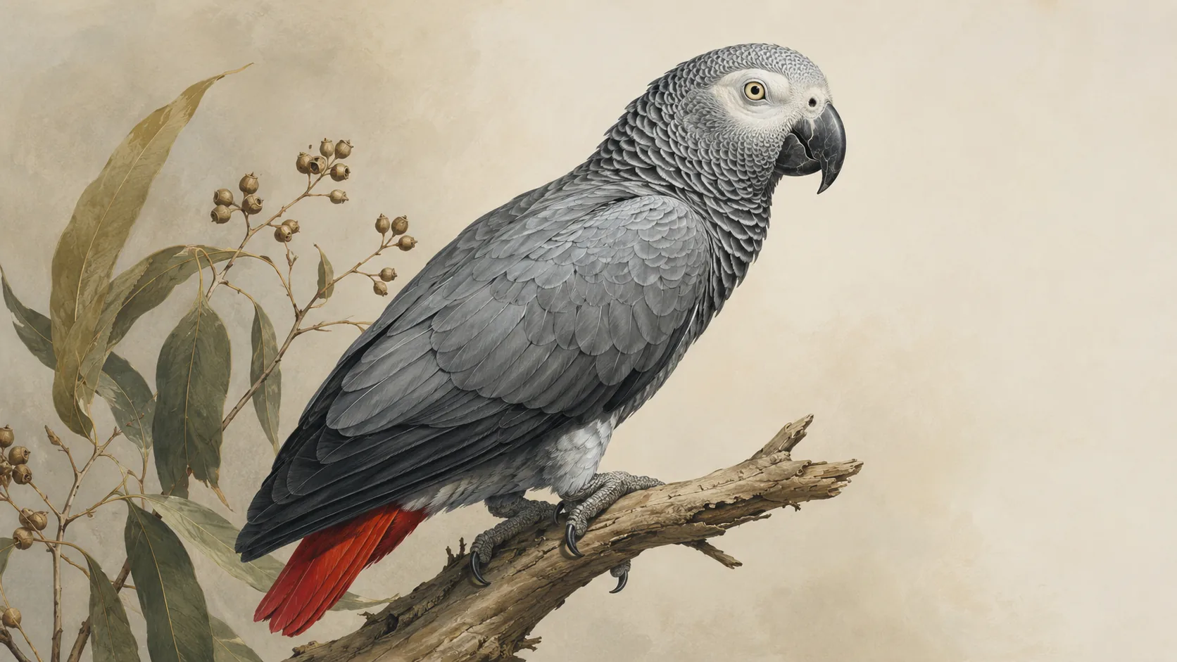 African Grey Parrot perched on a rainforest branch, scarlet tail fanned, in the Audubon style