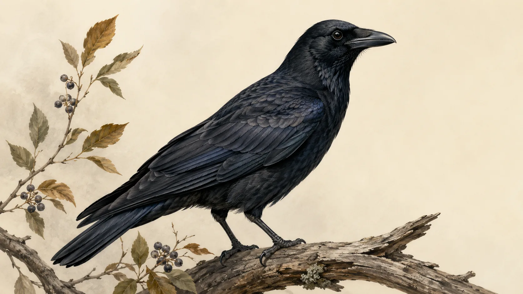 American Crow perched on a bare winter branch against a pale sky, in the Audubon style