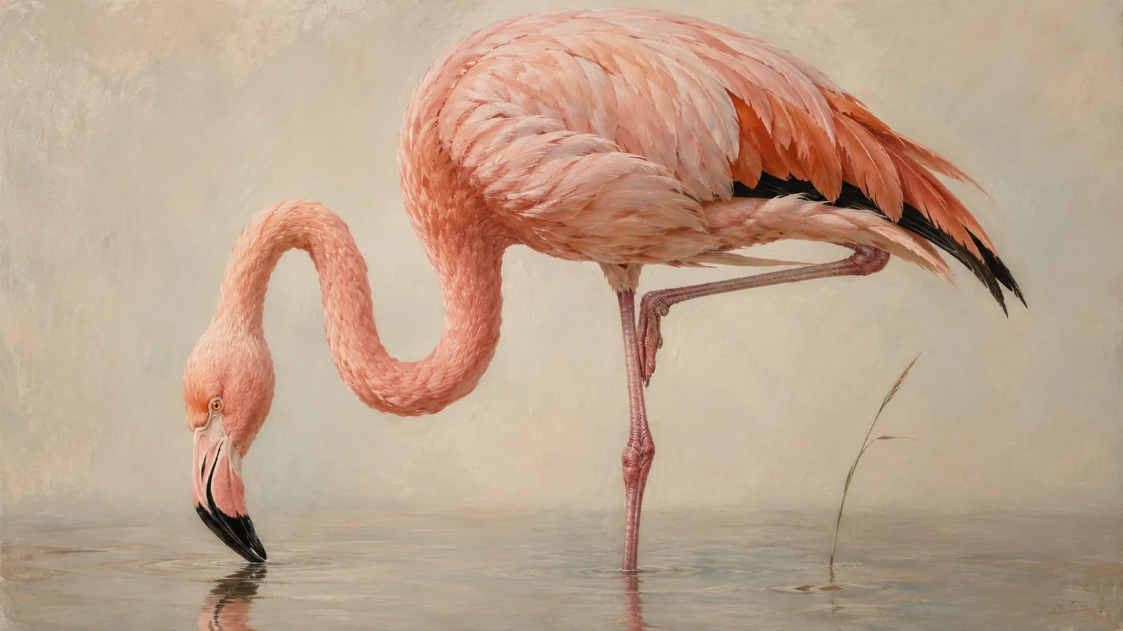 American Flamingo wading in a shallow saltwater lagoon, in the Audubon style
