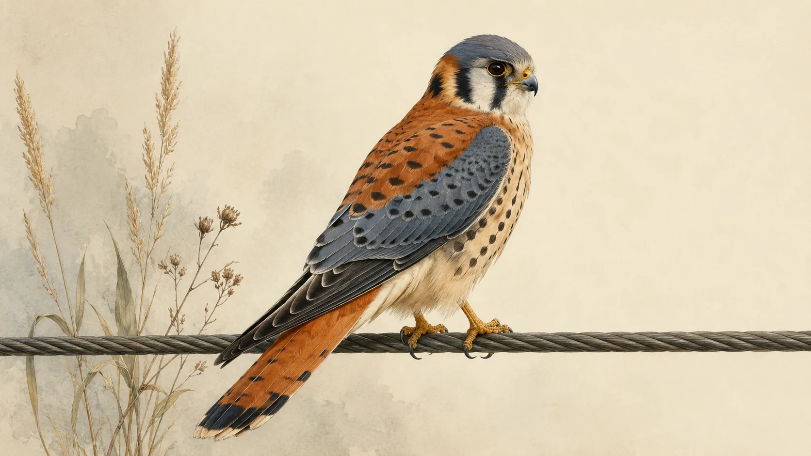Male American Kestrel perched on a roadside wire, rufous back and slate-blue wings, in the Audubon style