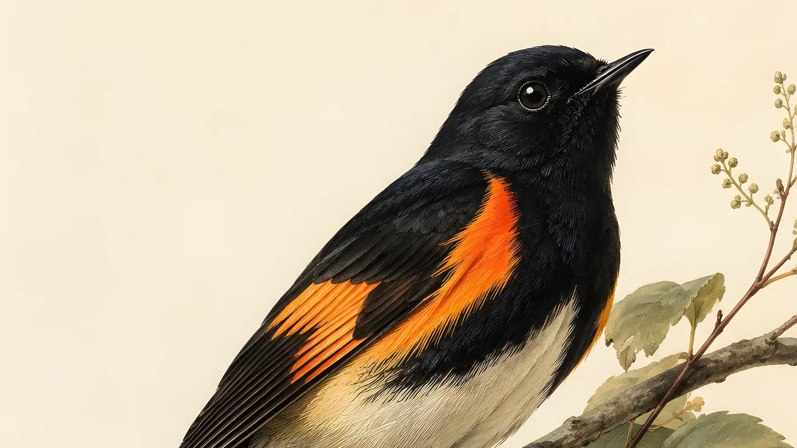 Male American Redstart in full breeding plumage, black with vivid orange wing and tail patches, posed on a branch tip in the Audubon style
