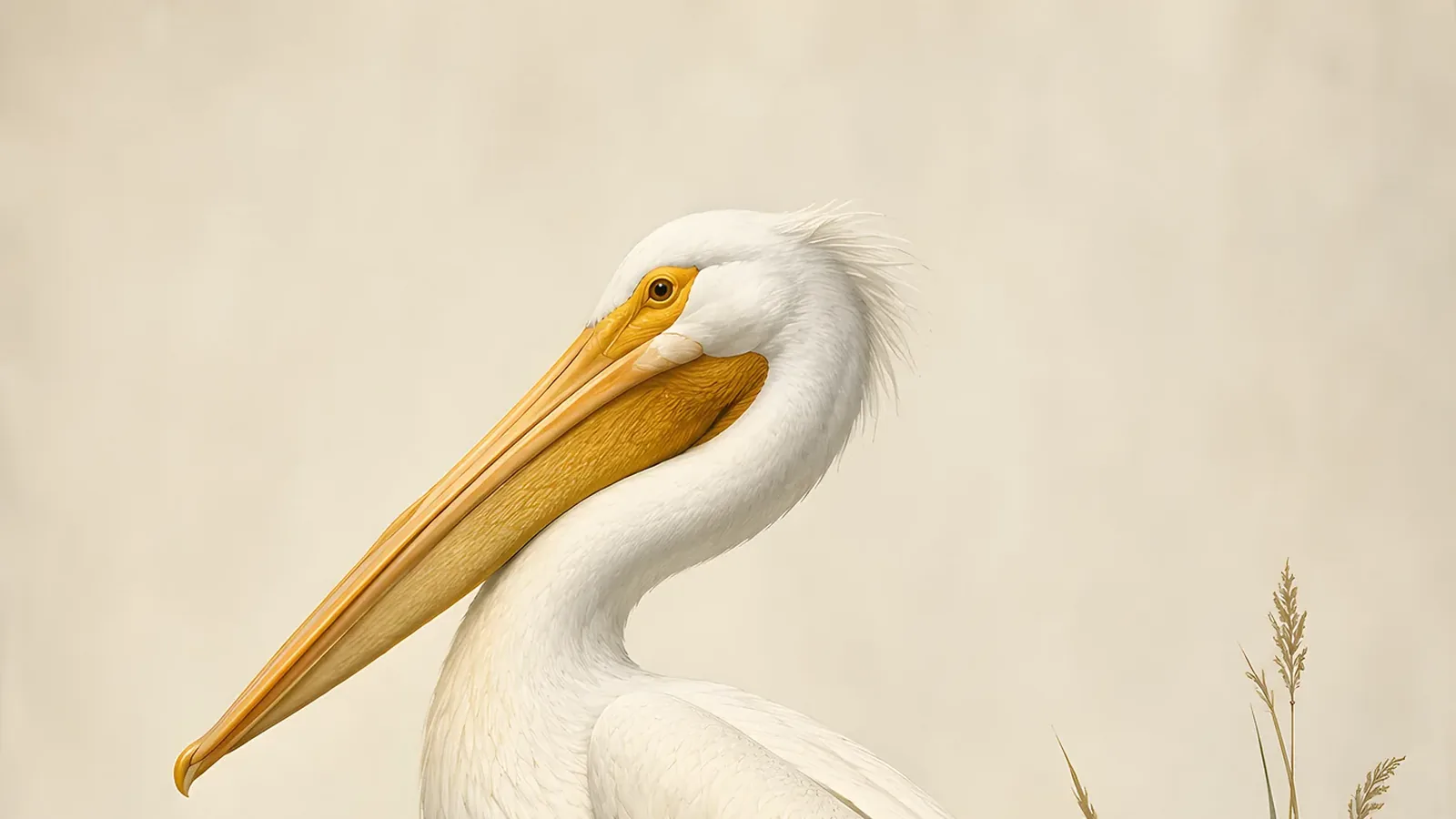 American White Pelican floating on a prairie lake, orange bill raised, in the Audubon style
