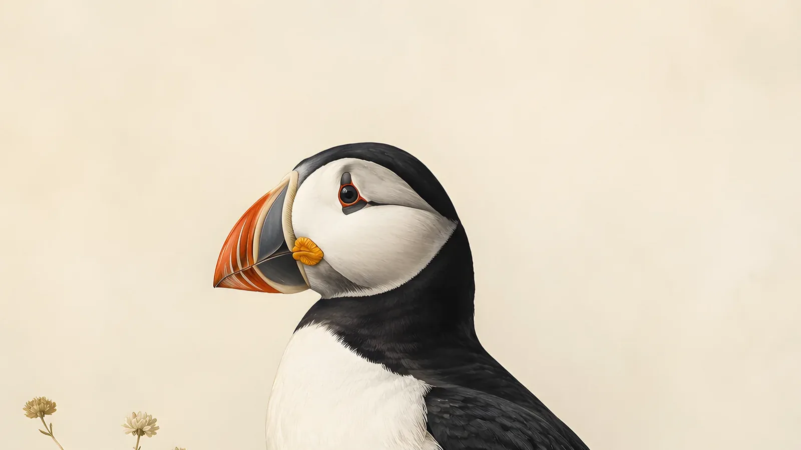 Atlantic Puffin standing on a rocky cliff in breeding plumage, its triangular orange bill vivid against a grey sea
